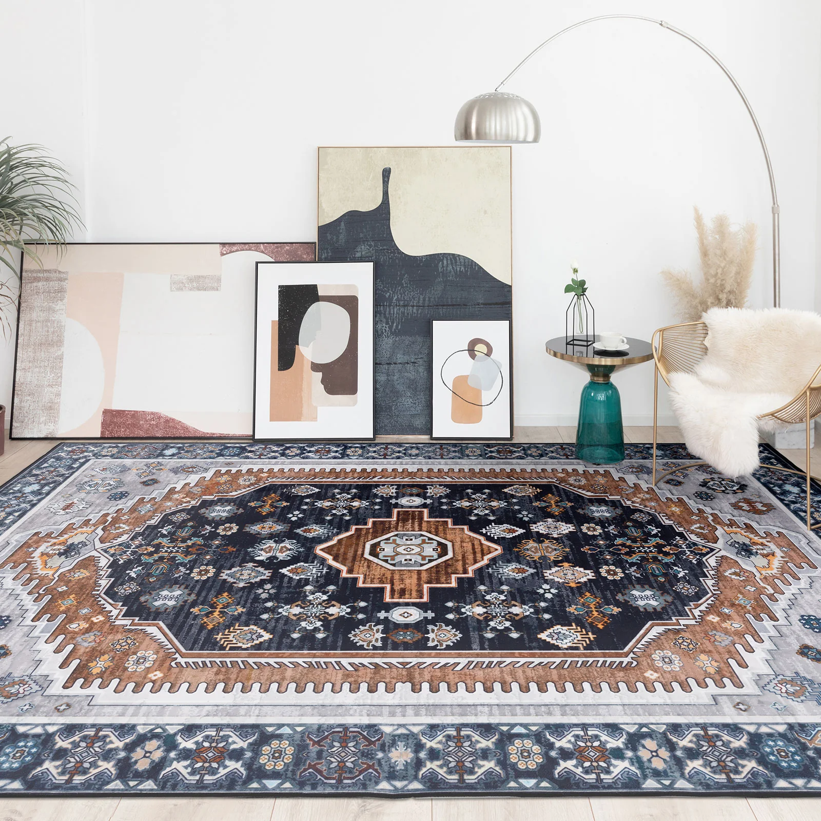 Large Rug Dark Blue Brown Soft Plush Vintage Machine Washable Carpet - Image 13