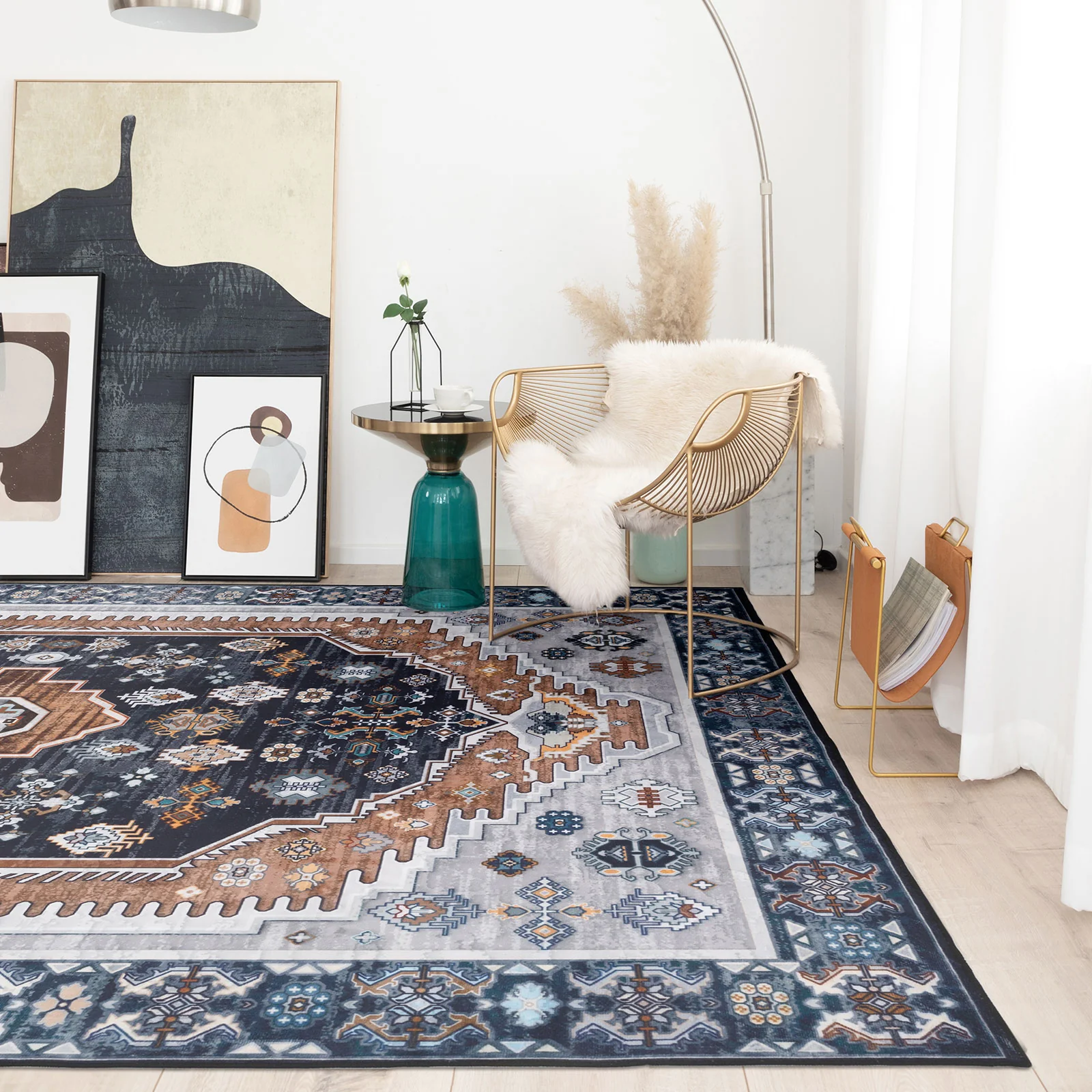 Large Rug Dark Blue Brown Soft Plush Vintage Machine Washable Carpet - Image 14
