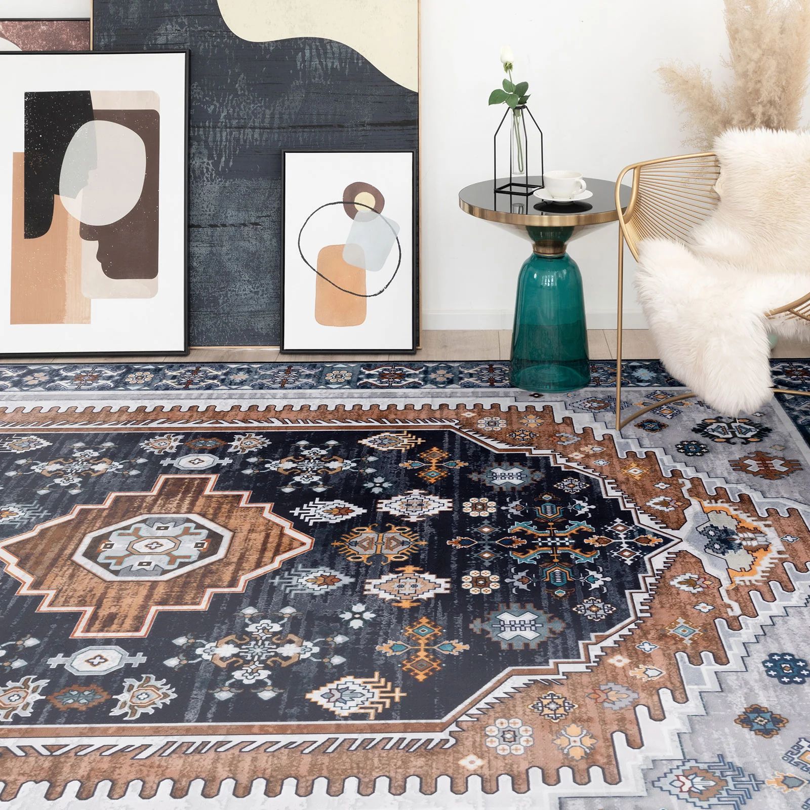 Large Rug Dark Blue Brown Soft Plush Vintage Machine Washable Carpet - Image 15