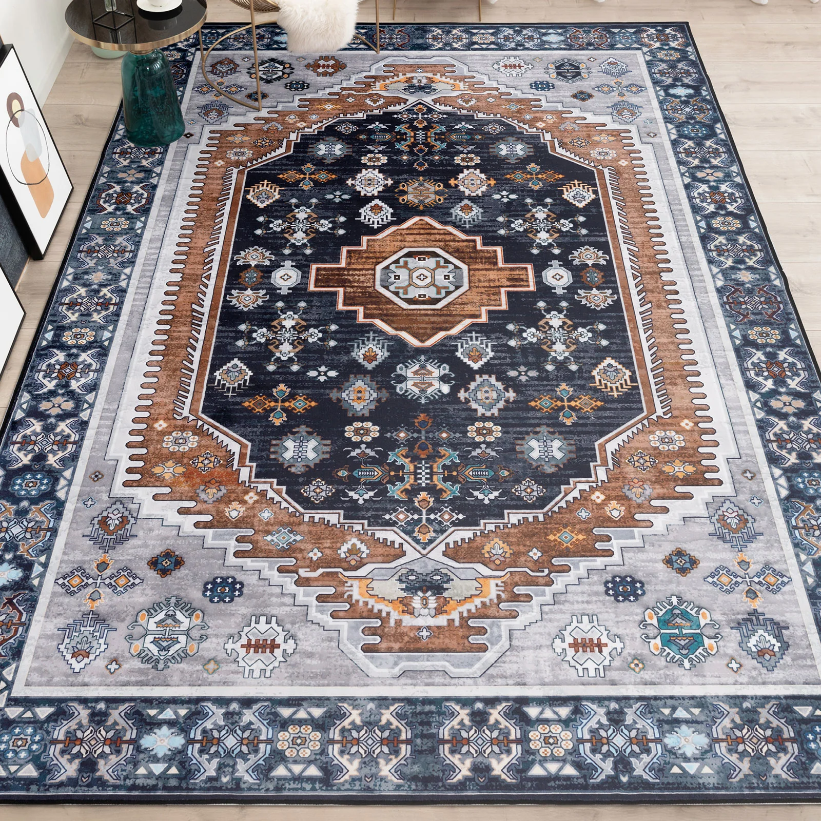 Large Rug Dark Blue Brown Soft Plush Vintage Machine Washable Carpet - Image 16