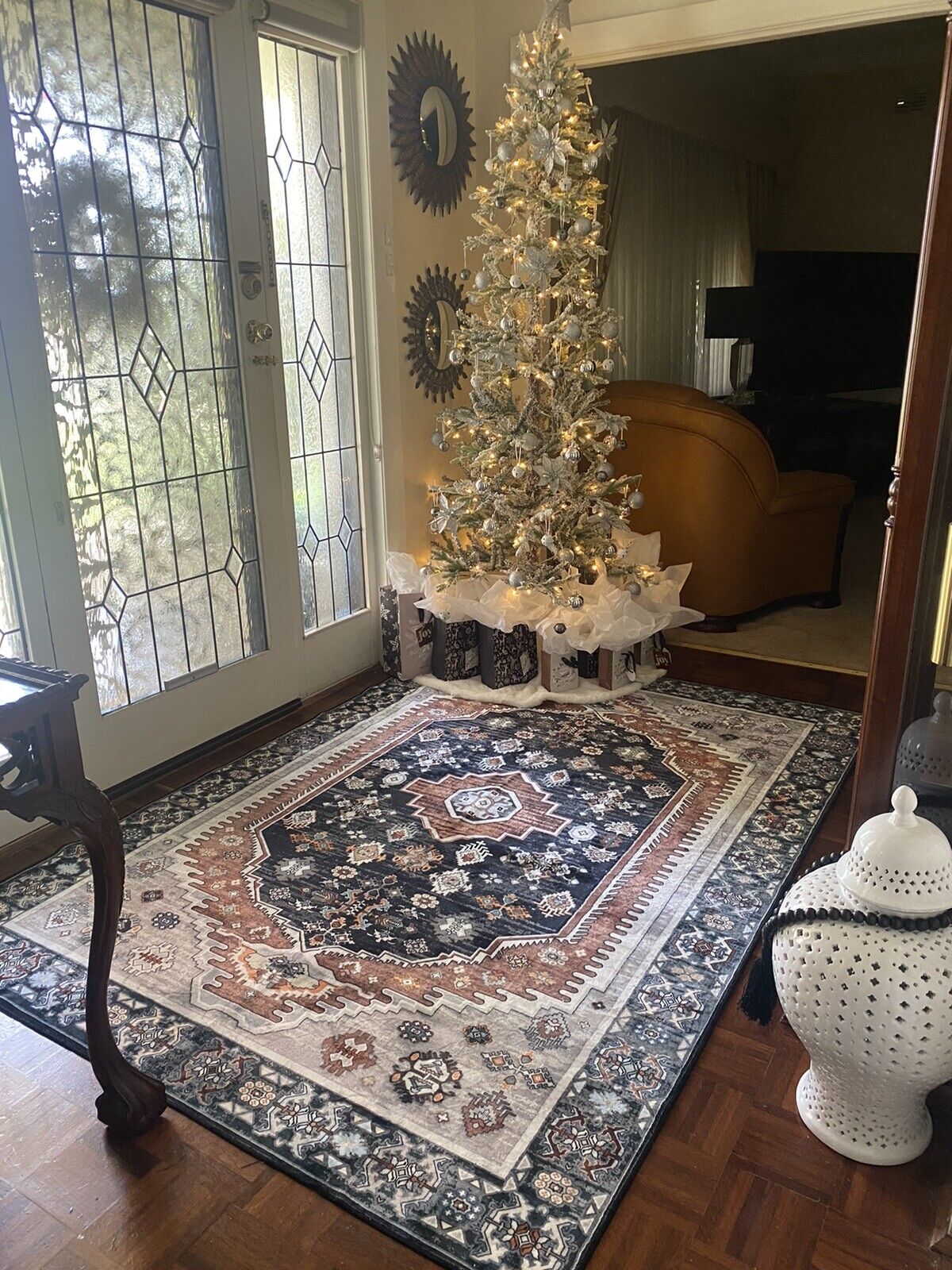 Large Rug Dark Blue Brown Soft Plush Vintage Machine Washable Carpet - Image 3