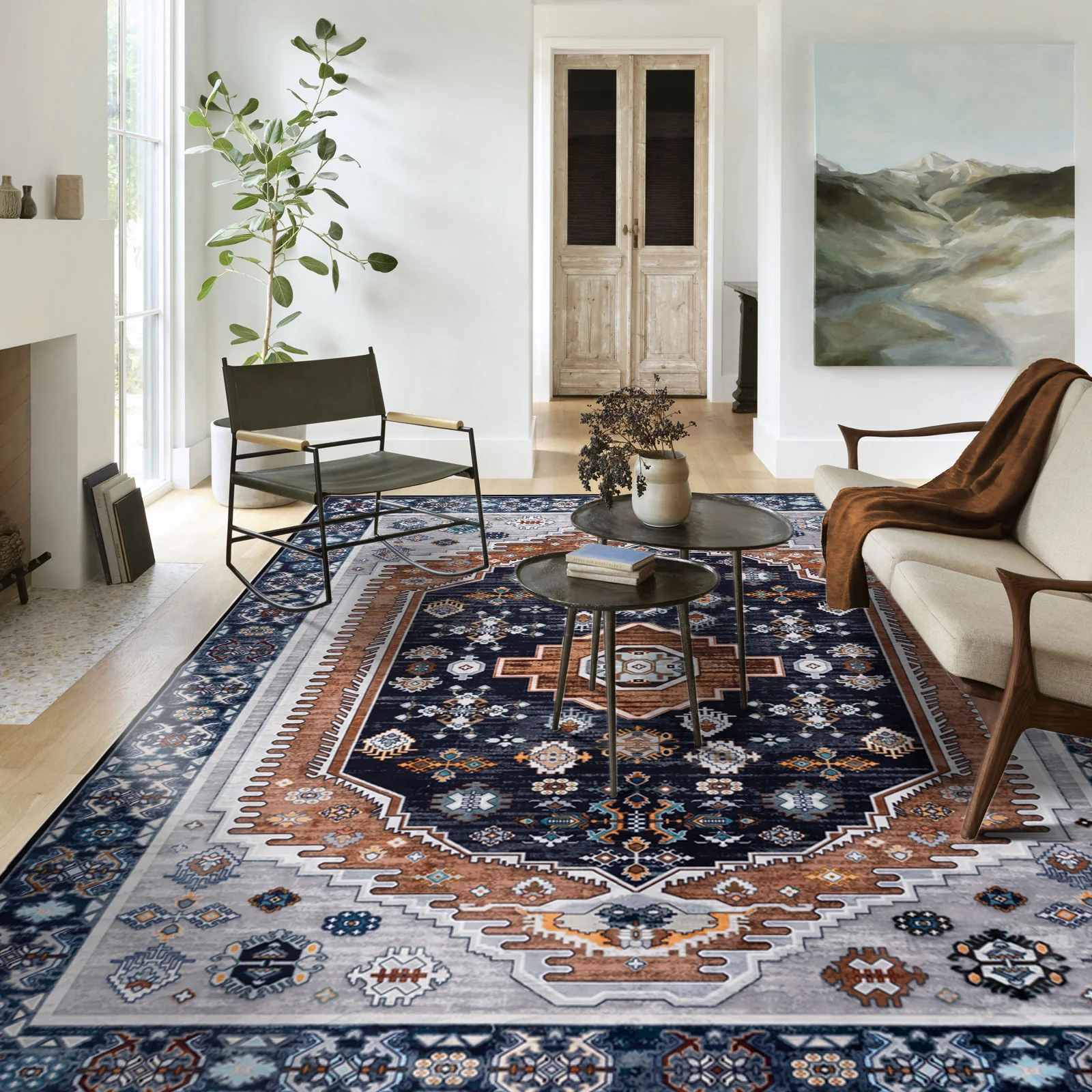 Large Rug Dark Blue Brown Soft Plush Vintage Machine Washable Carpet - Image 4