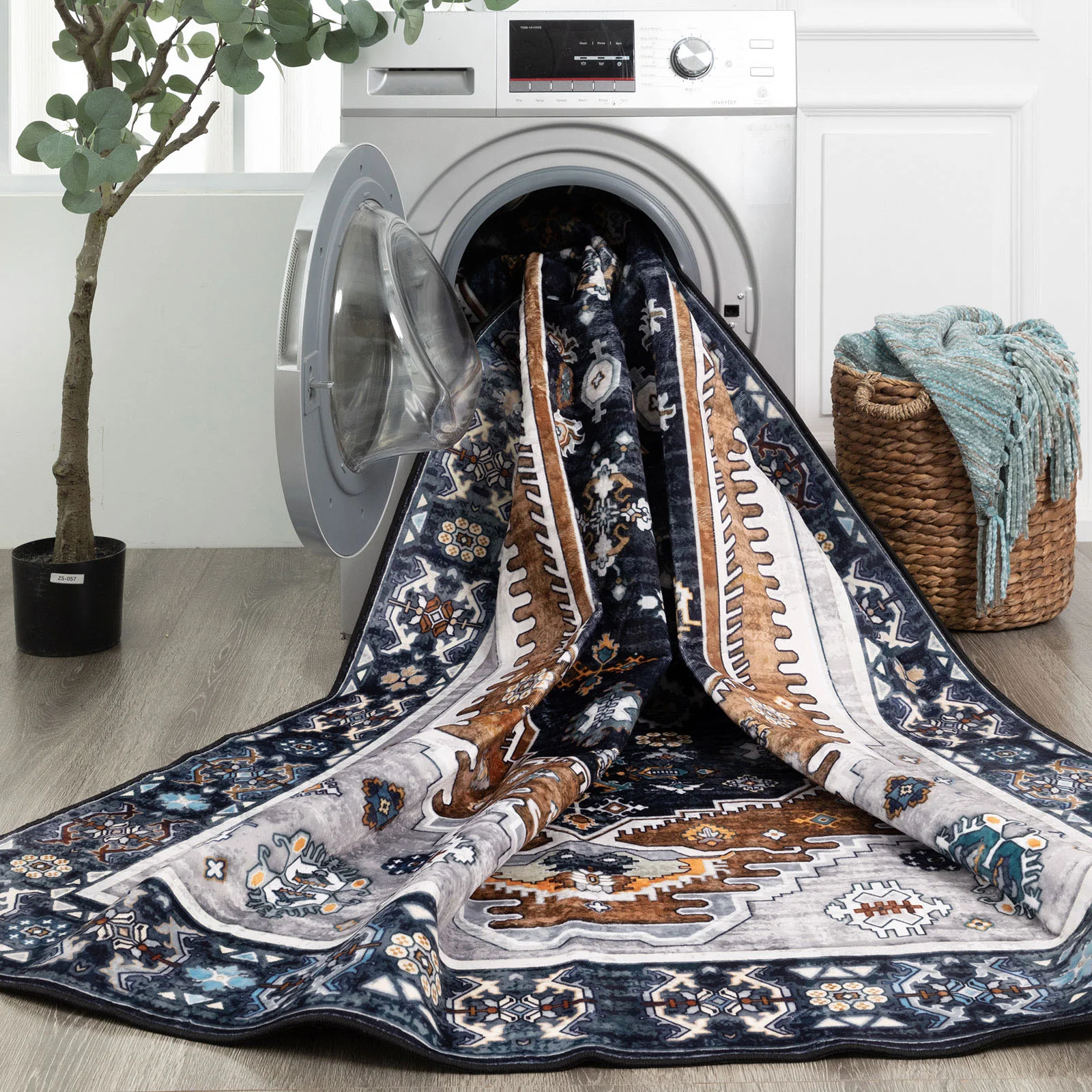 Large Rug Dark Blue Brown Soft Plush Vintage Machine Washable Carpet - Image 5
