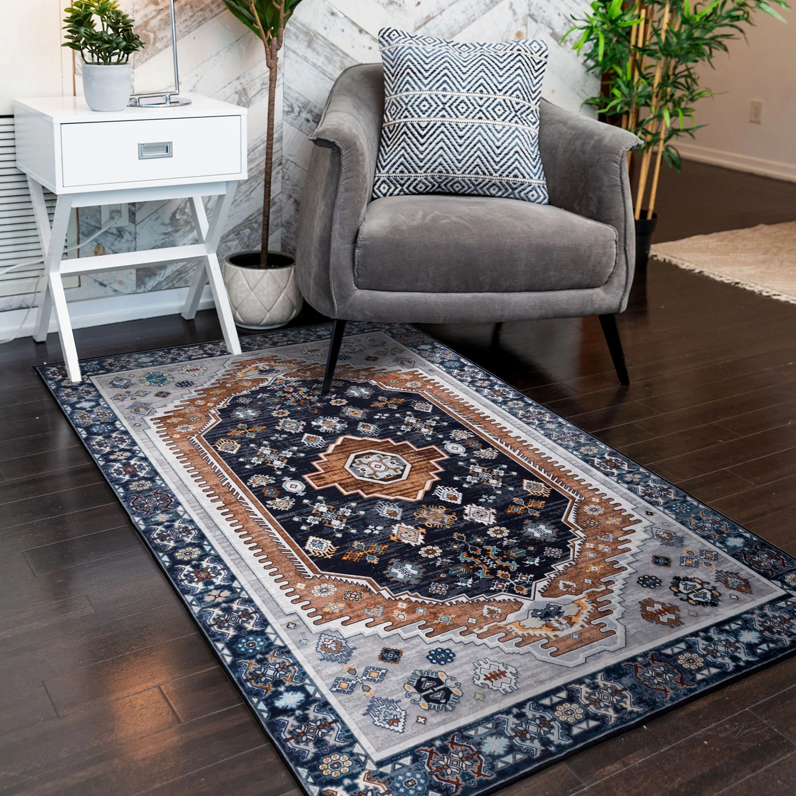 Large Rug Dark Blue Brown Soft Plush Vintage Machine Washable Carpet - Image 6