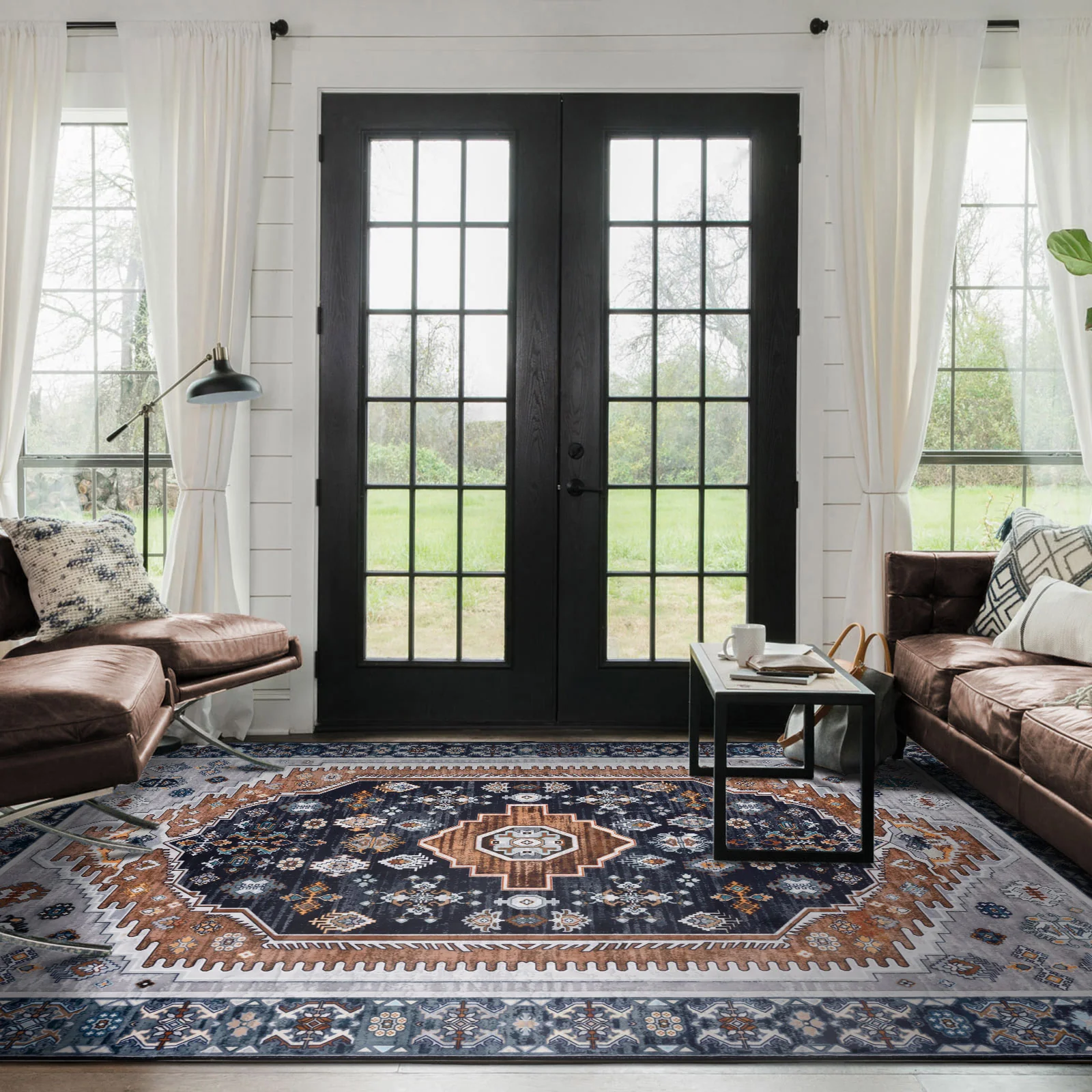 Large Rug Dark Blue Brown Soft Plush Vintage Machine Washable Carpet - Image 7