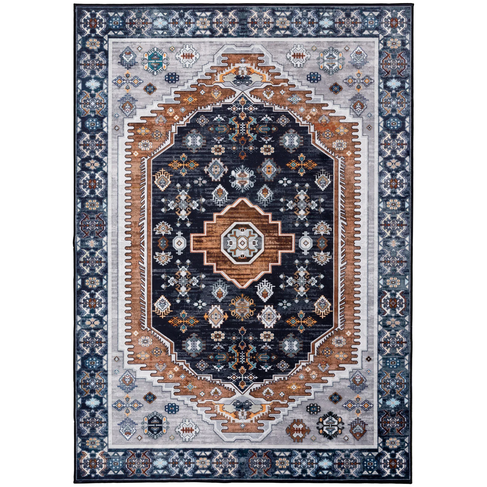 Large Rug Dark Blue Brown Soft Plush Vintage Machine Washable Carpet - Image 8