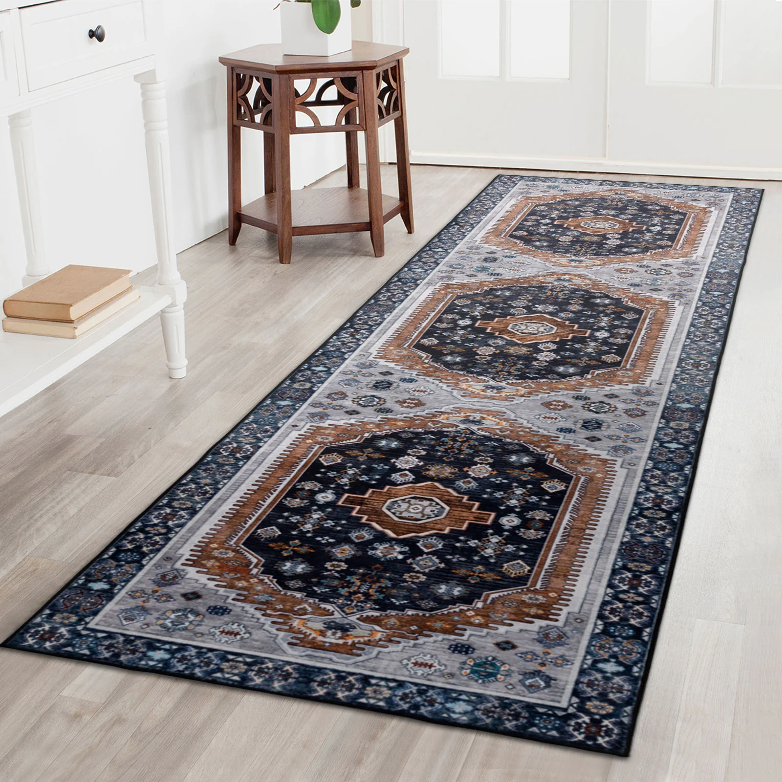 Large Rug Dark Blue Brown Soft Plush Vintage Machine Washable Carpet - Image 9