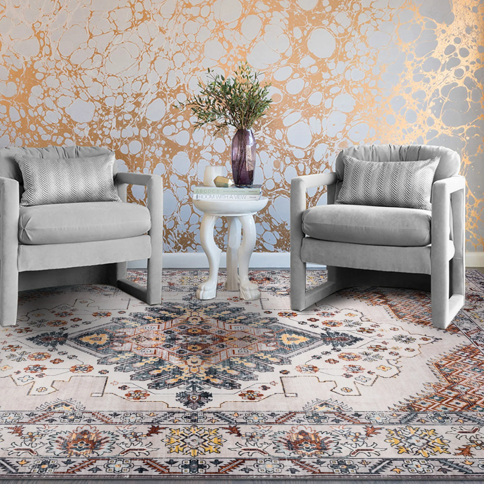 Extra Large Rug Gold Ivory Charming Blossom Medallion Lounges Carpet Runner Rugs Machine Washable - Image 10