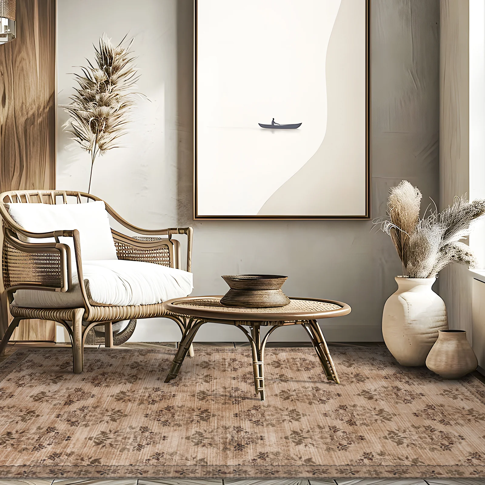 Extra Large Rug Brown Beige Bouquet Allover Neutral Modern Carpet Machine Washable Mat - Image 6