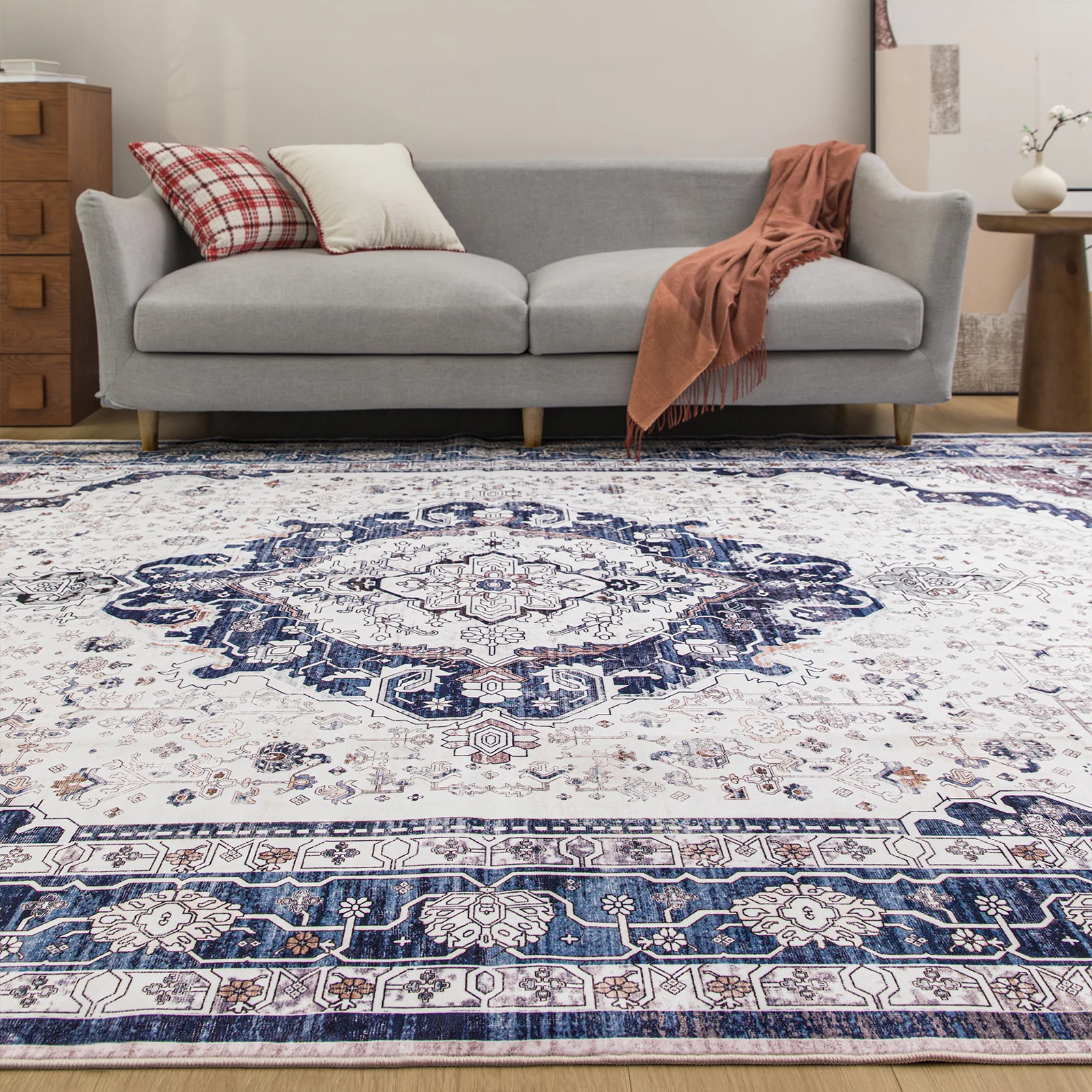 Extra Large Rug Blue Ivory Beautiful Allover Traditional Carpet Machine Washable Mat - Image 12