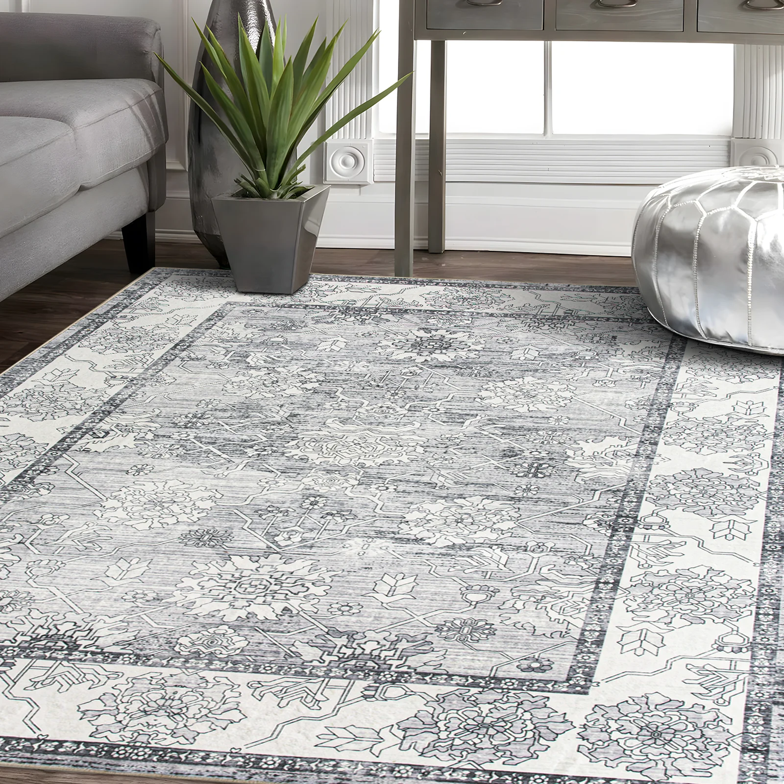 Flash Deal Extra Large Rug Silver Grey Neutral Distressed Lounges Carpet Runner Mat Machine Washable - Image 9