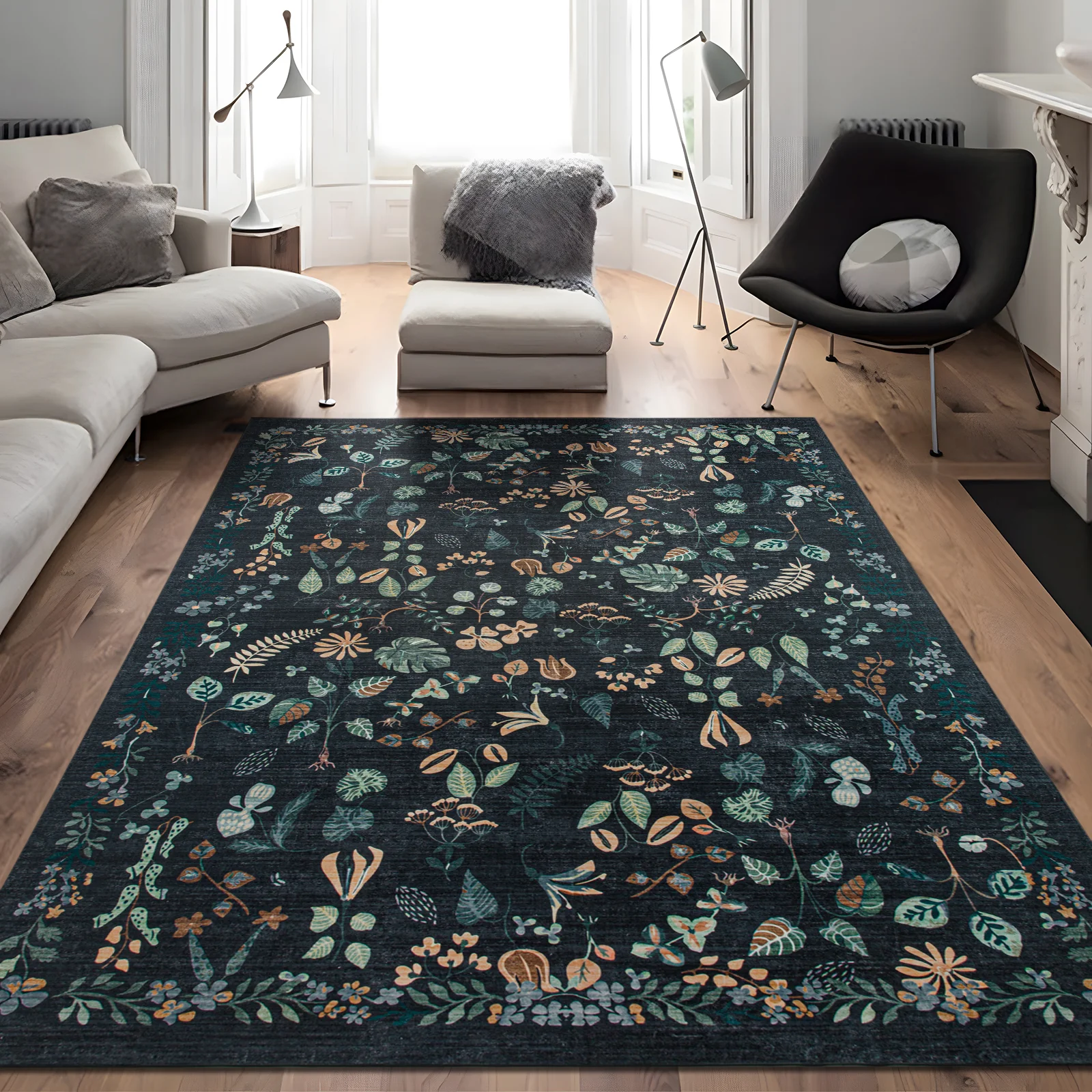 Flash Deal Extra Large Tropical Rug Charcoal Black Beautiful Jungle Lounges Carpet Machine Washable Non Slip Mat - Image 4