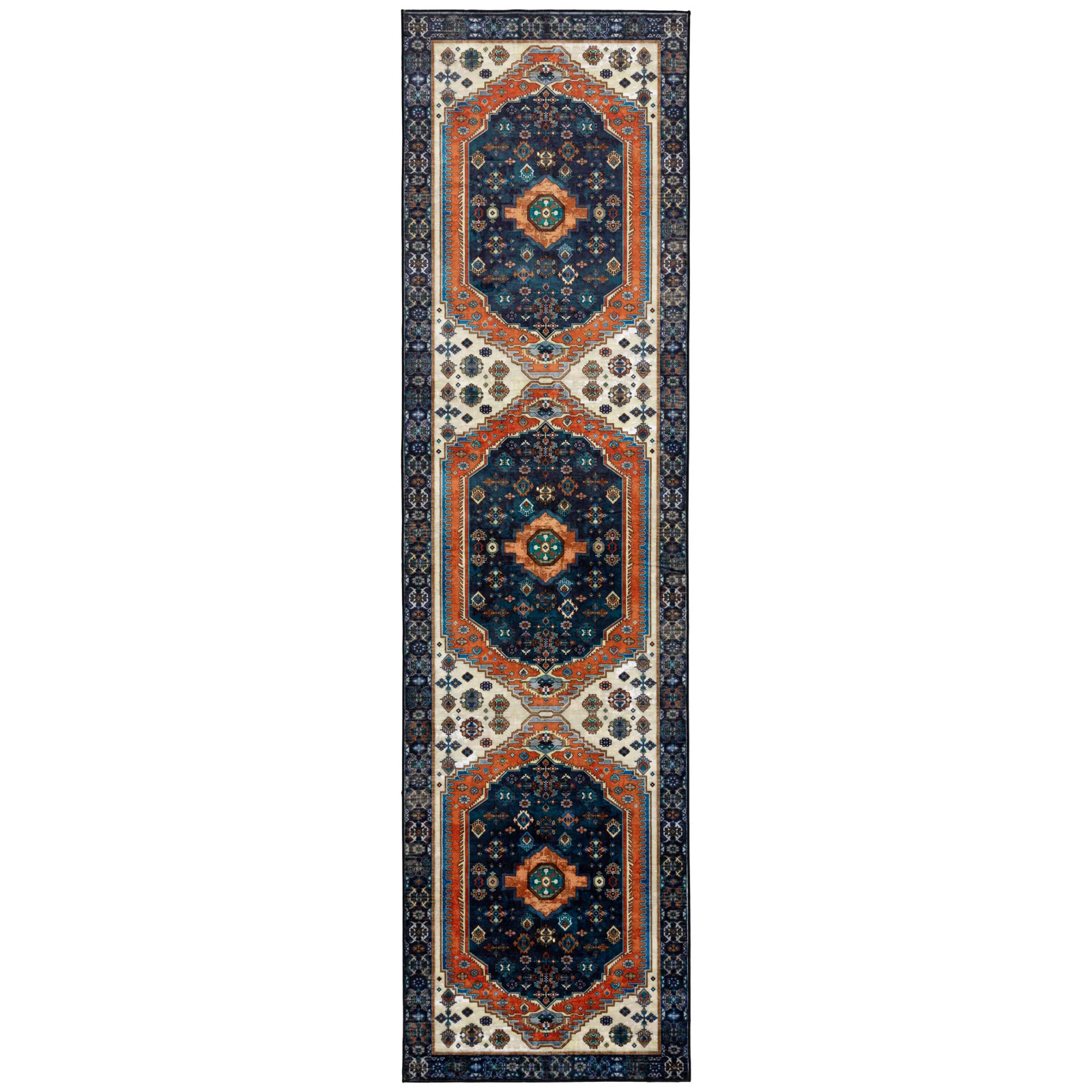 Hallway Runner Blue Orange Plush Traditional Carpet Non Slip Machine Washable Rug 80x300cm - Image 3