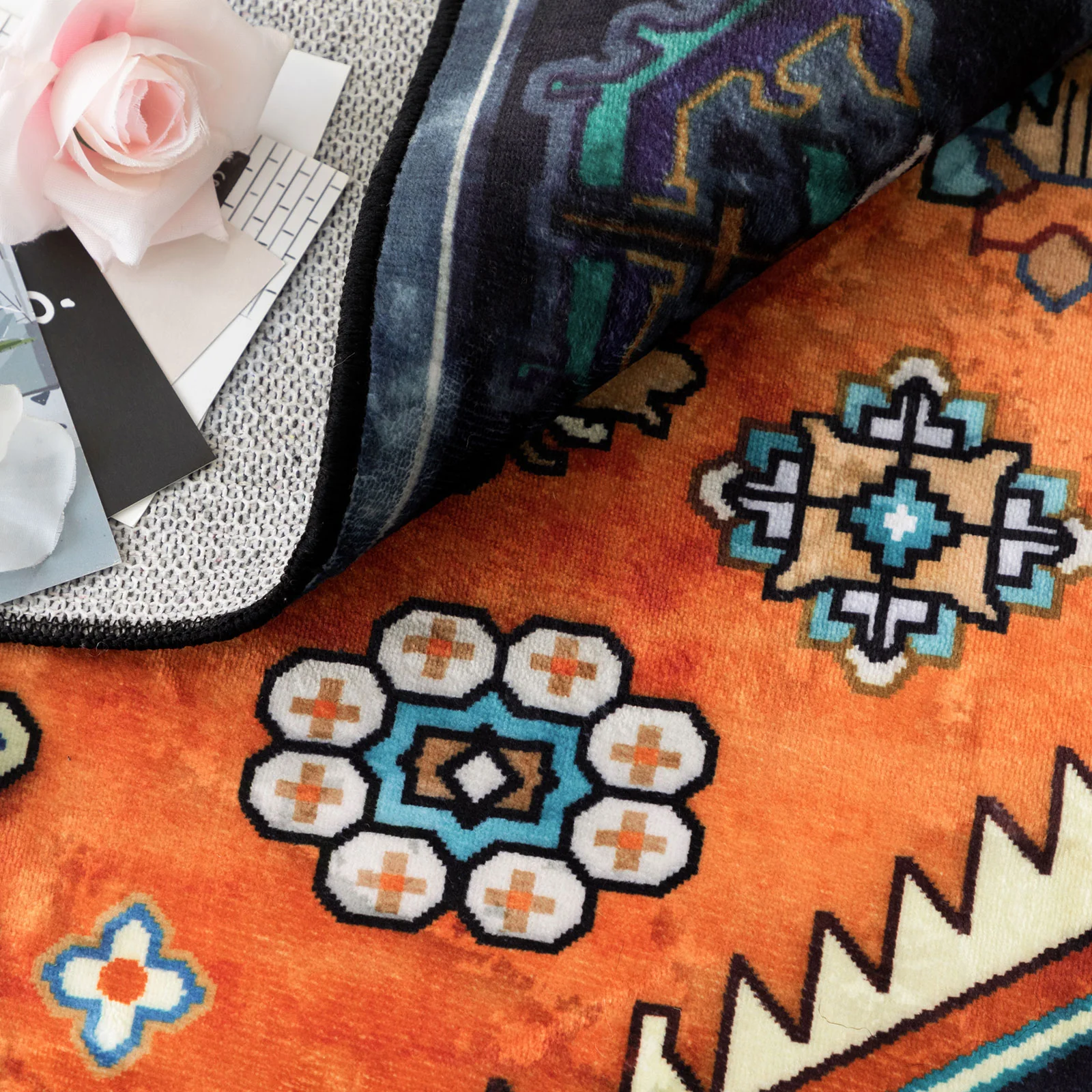 Hallway Runner Blue Orange Plush Traditional Carpet Non Slip Machine Washable Rug 80x300cm - Image 5