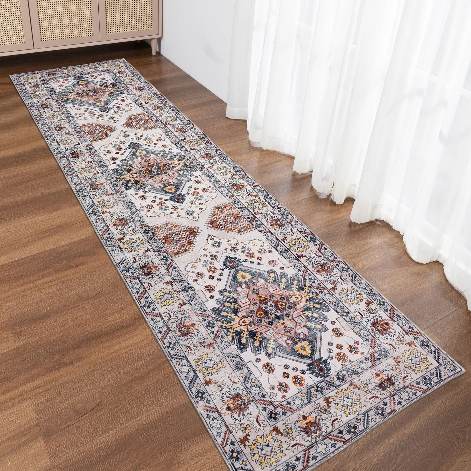 Hallway Runner Ivory Gold Non Slip Allover Blossom Entrance Rug Carpet Washable 80x300cm - Image 3