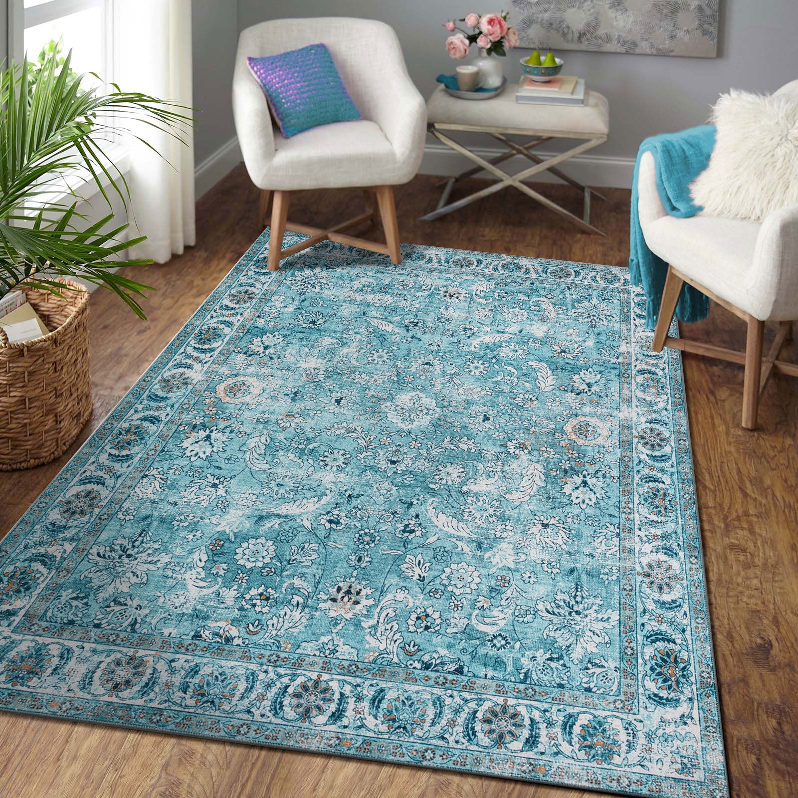 Large Aqua Blue Rugs Soft Allover Traditional Soft Carpet Beautiful Mat Washable ANN02 - Image 3