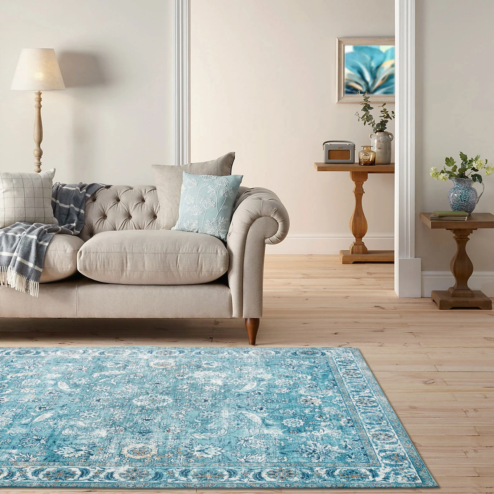 Large Aqua Blue Rugs Soft Allover Traditional Soft Carpet Beautiful Mat Washable ANN02 - Image 4