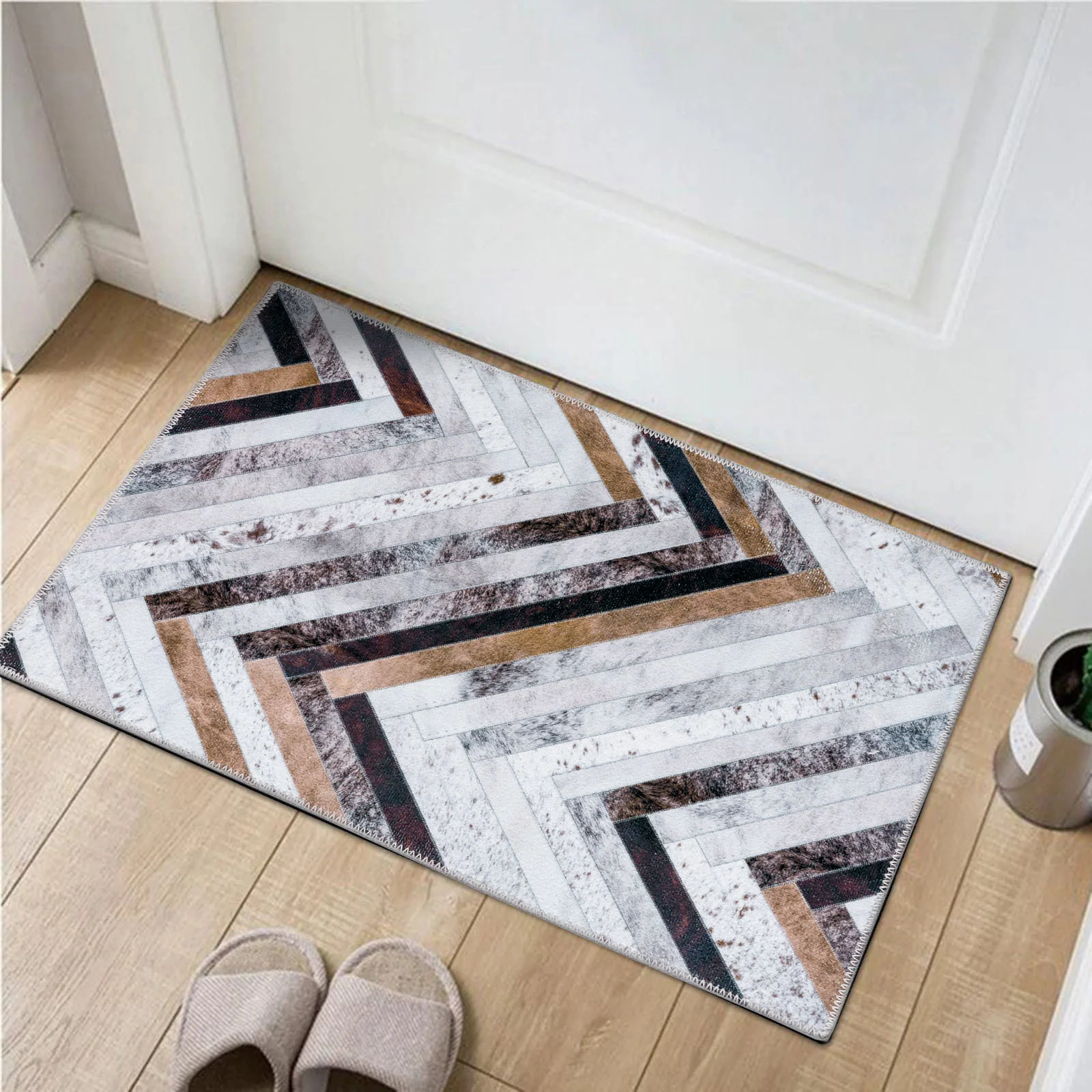 Large Faux Cowhide Rug Grey Brown Striped Calf Hide Modern Carpet Machine Washable Rugs - Image 4