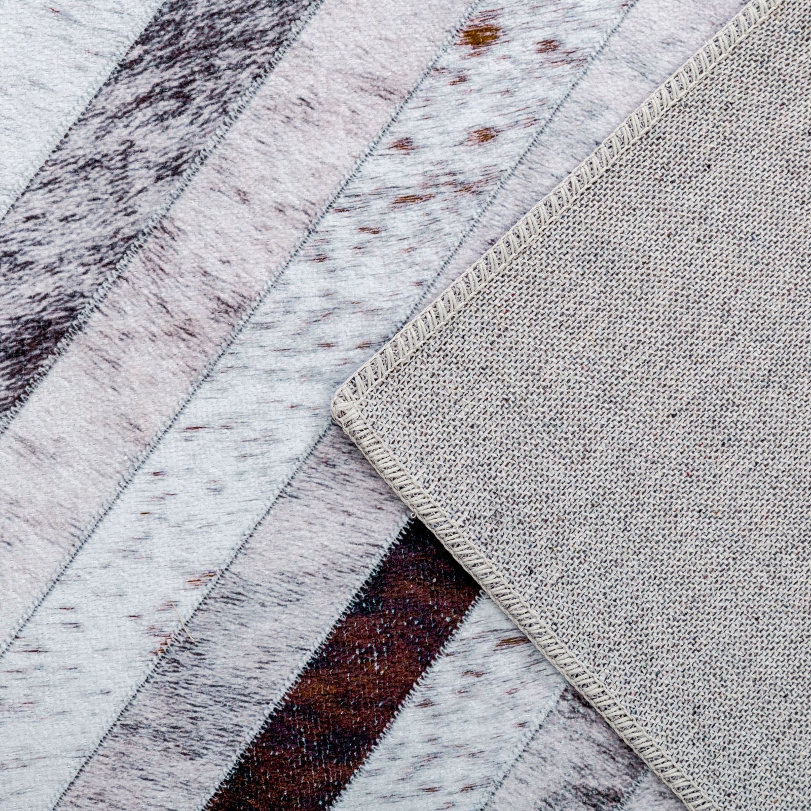 Large Rug Brown Grey Zig Zag Striped Faux Cowhide Patchwork Carpet Machine Washable Runner 5 Size - Image 10