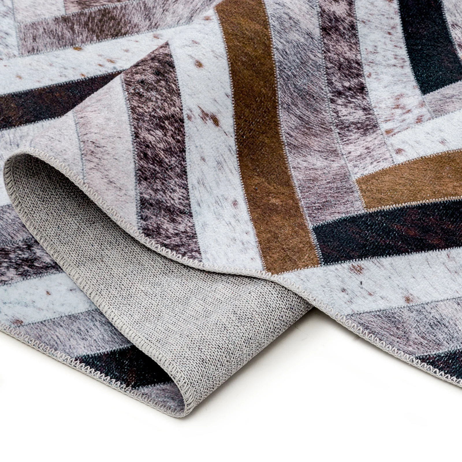 Large Rug Brown Grey Zig Zag Striped Faux Cowhide Patchwork Carpet Machine Washable Runner 5 Size - Image 11