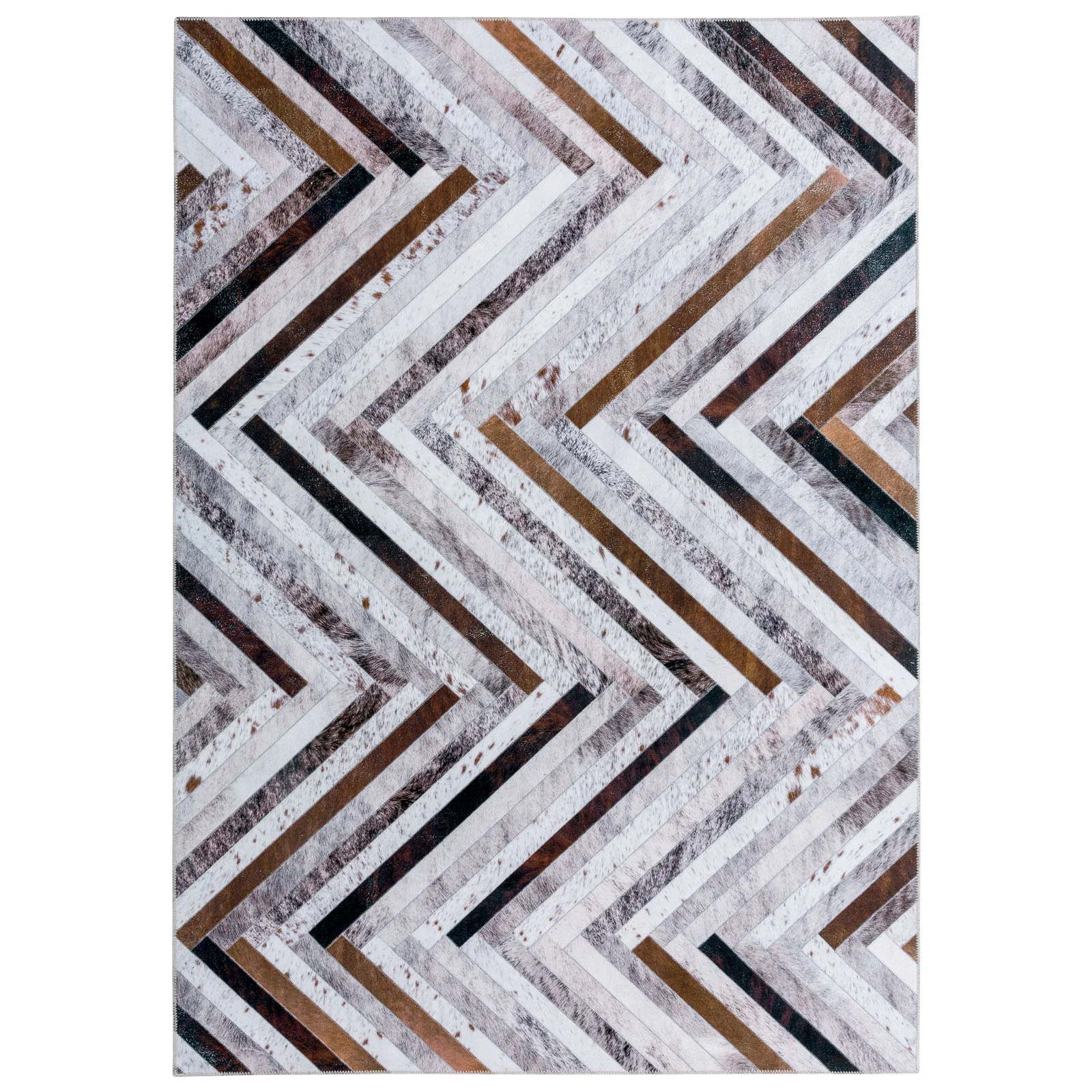 Large Rug Brown Grey Zig Zag Striped Faux Cowhide Patchwork Carpet Machine Washable Runner 5 Size - Image 12