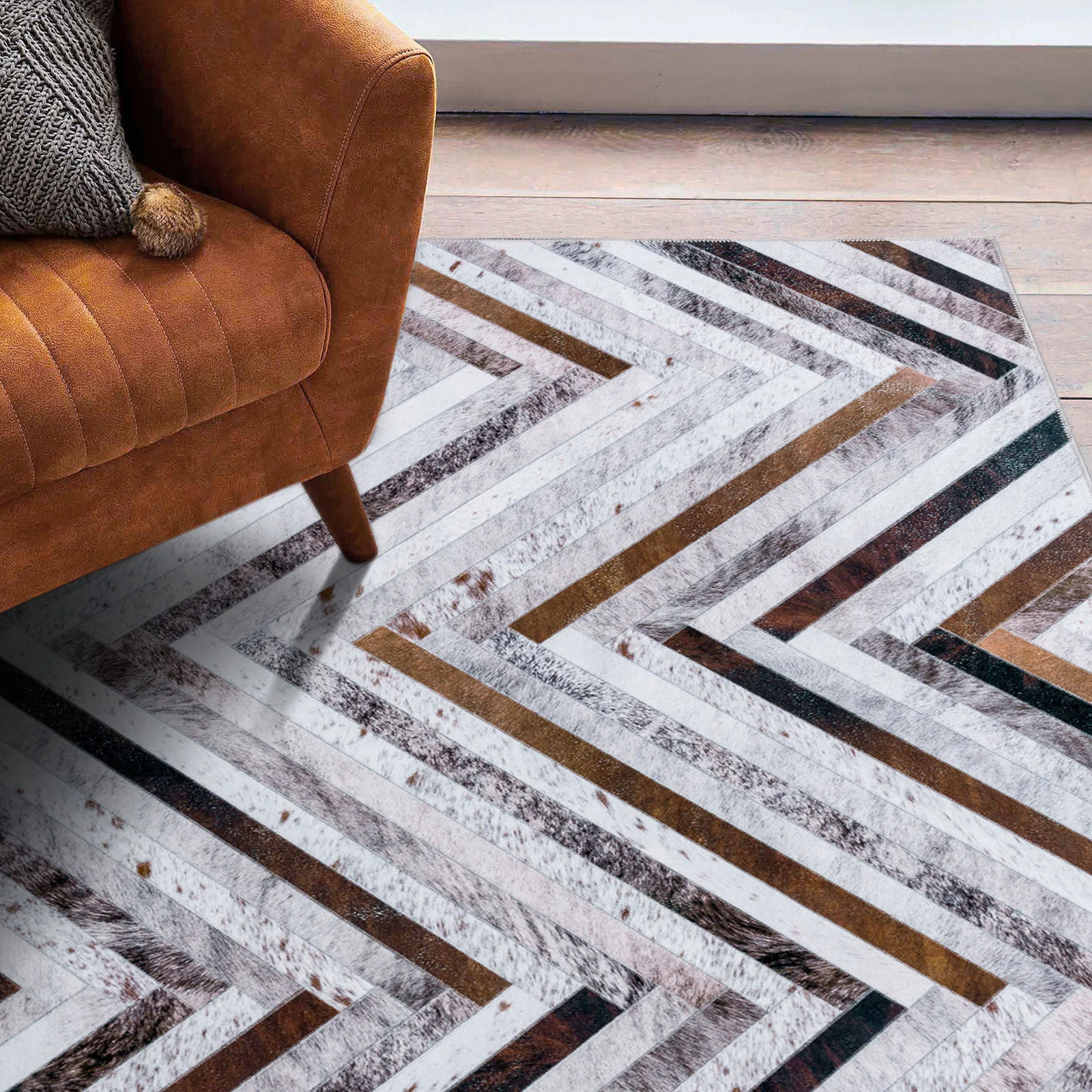 Large Rug Brown Grey Zig Zag Striped Faux Cowhide Patchwork Carpet Machine Washable Runner 5 Size - Image 3
