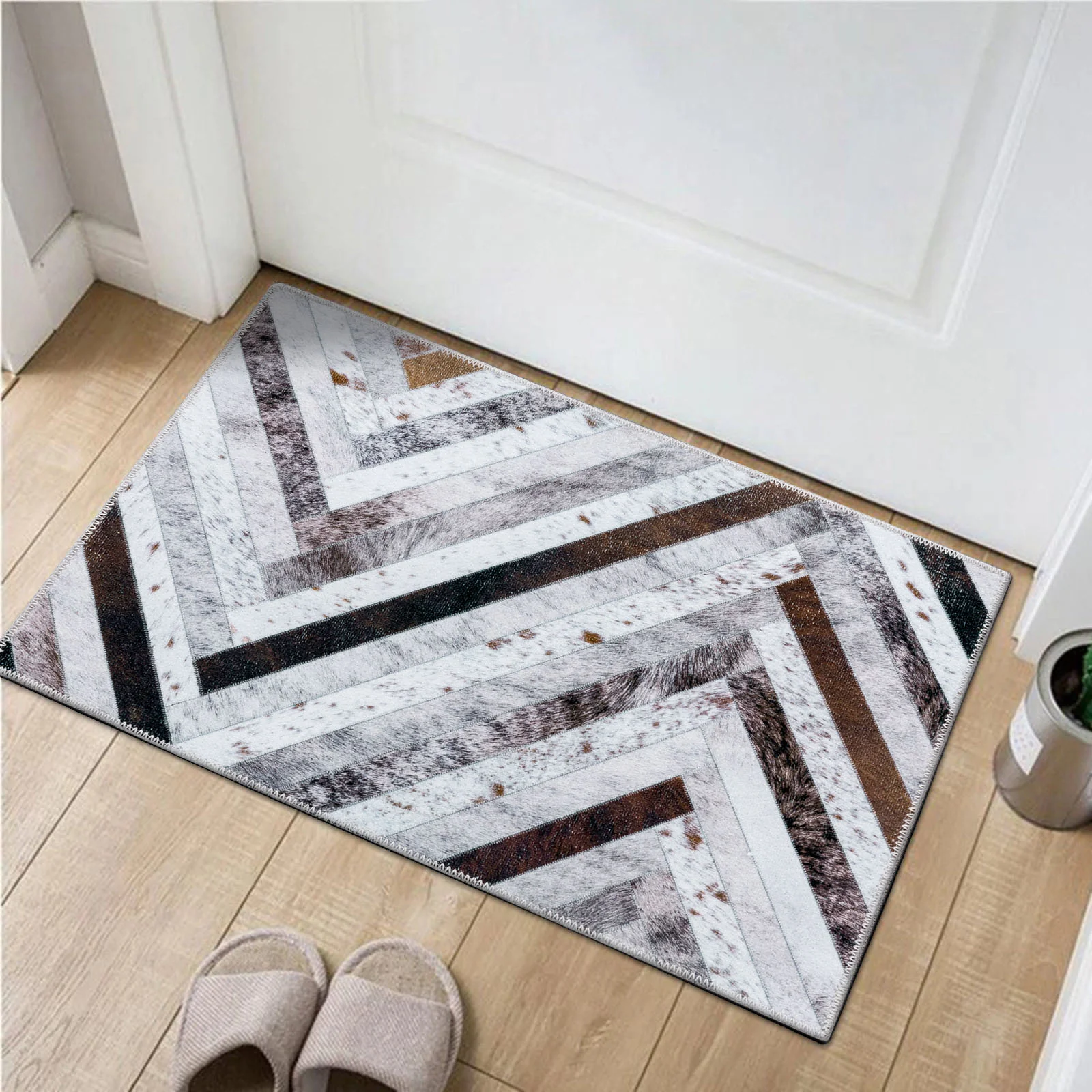 Large Rug Brown Grey Zig Zag Striped Faux Cowhide Patchwork Carpet Machine Washable Runner 5 Size - Image 4