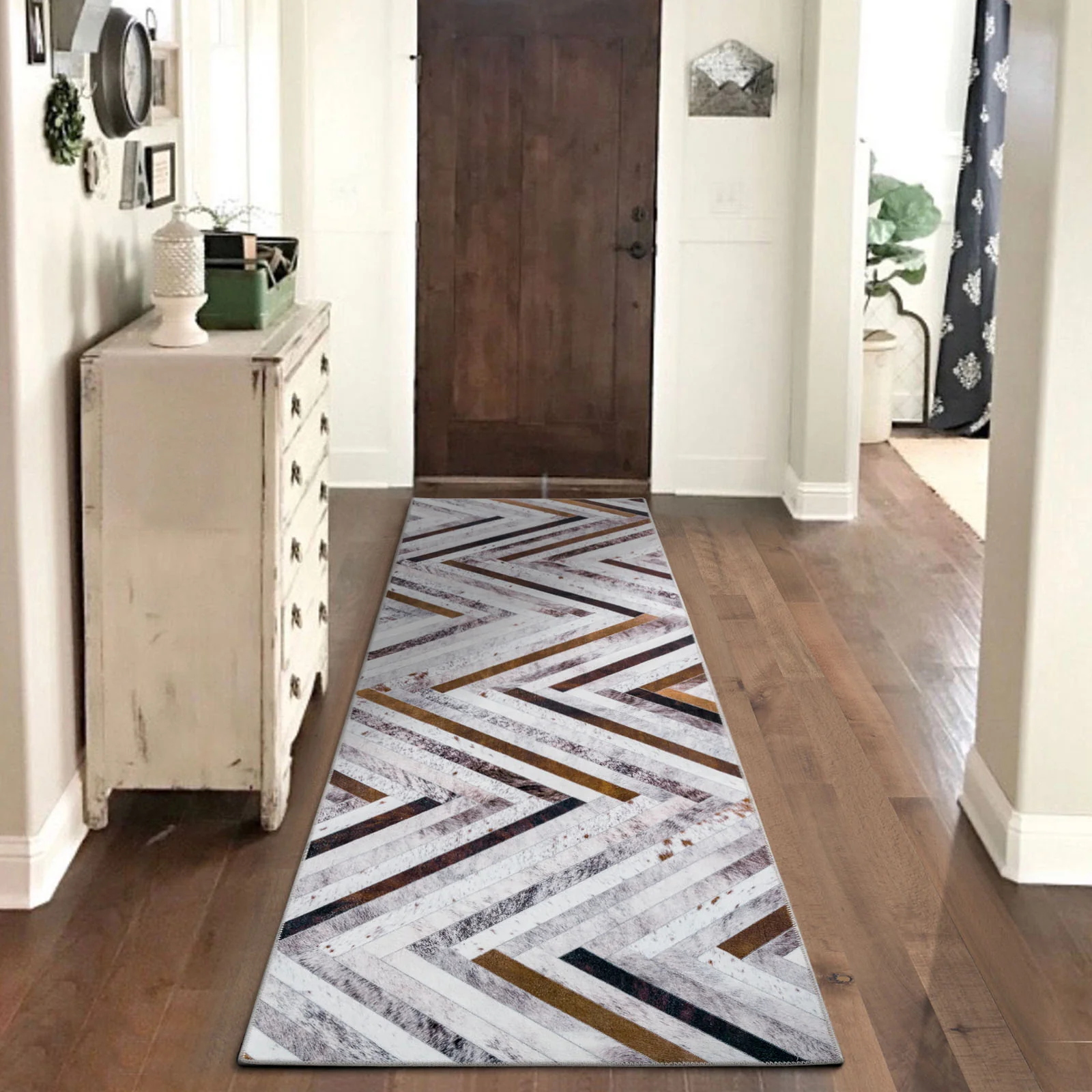 Large Rug Brown Grey Zig Zag Striped Faux Cowhide Patchwork Carpet Machine Washable Runner 5 Size - Image 5