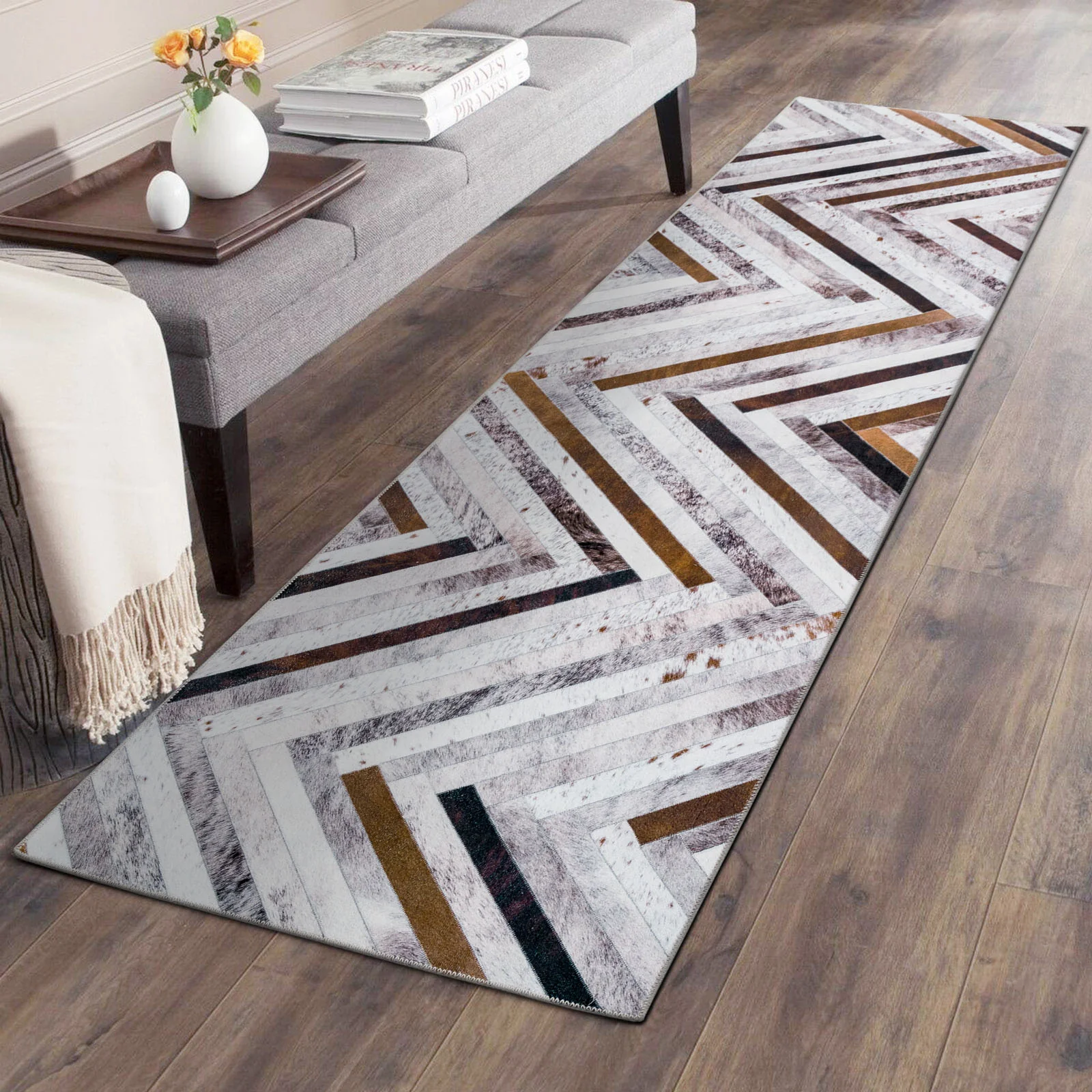 Large Rug Brown Grey Zig Zag Striped Faux Cowhide Patchwork Carpet Machine Washable Runner 5 Size - Image 6