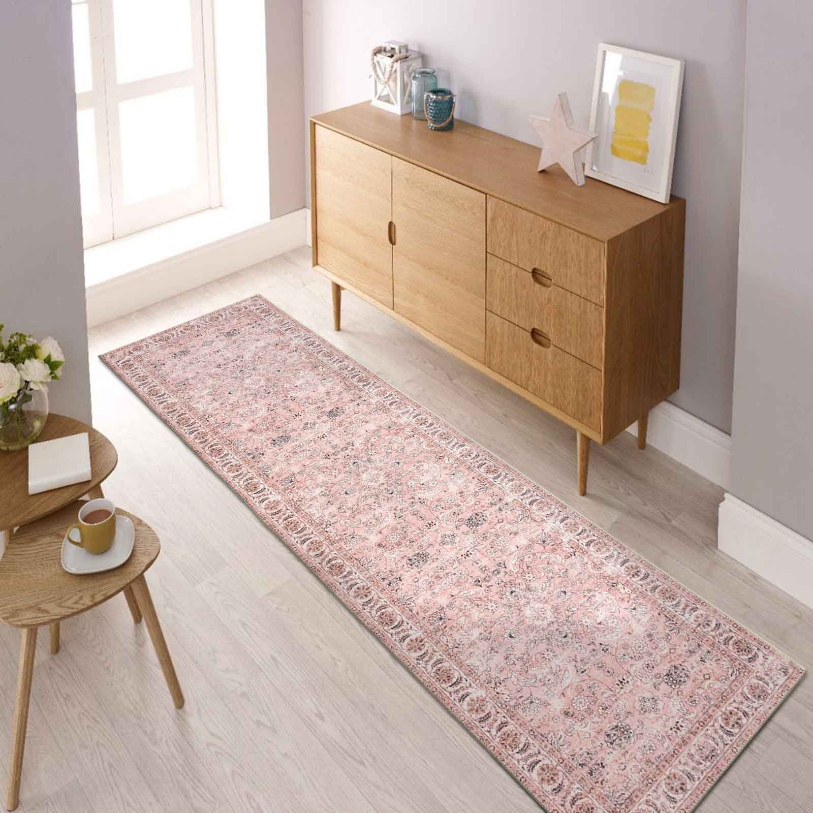 Large Rug Dusty Pink Beautiful Allover Distressed High Traffic Carpet Runner Machine Washable - Image 11
