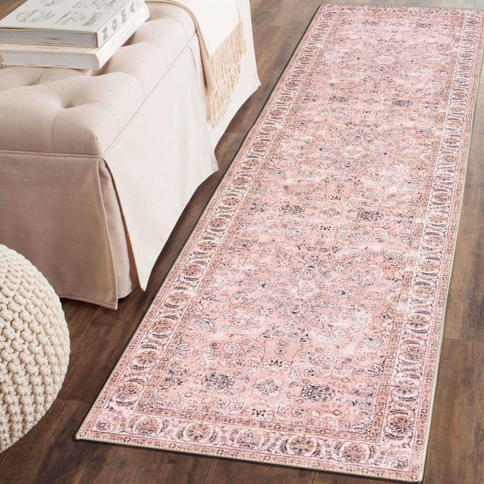 Large Rug Dusty Pink Beautiful Allover Distressed High Traffic Carpet Runner Machine Washable - Image 12