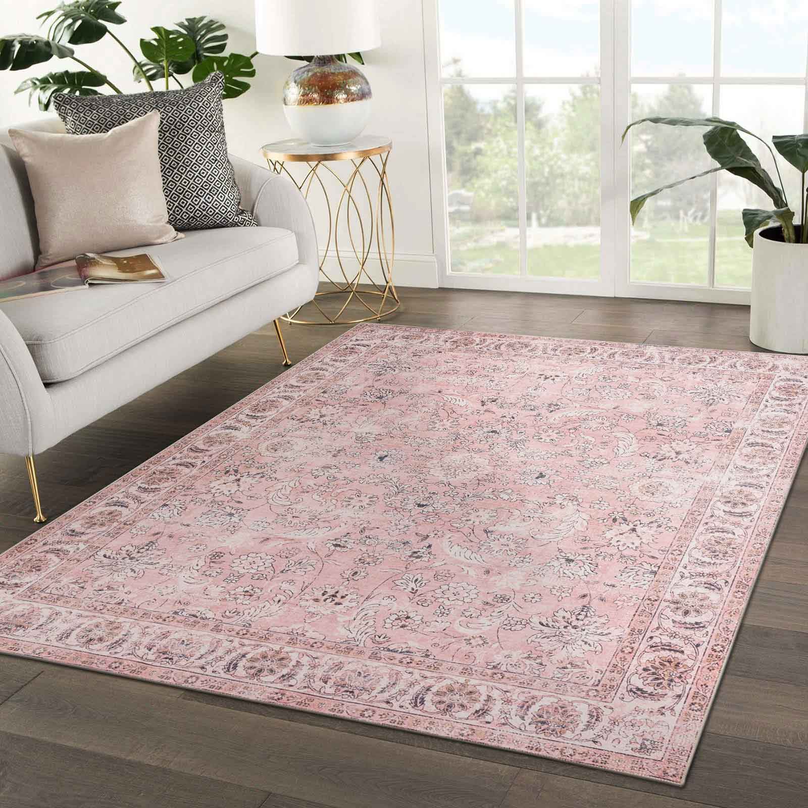 Large Rug Dusty Pink Beautiful Allover Distressed High Traffic Carpet Runner Machine Washable - Image 14