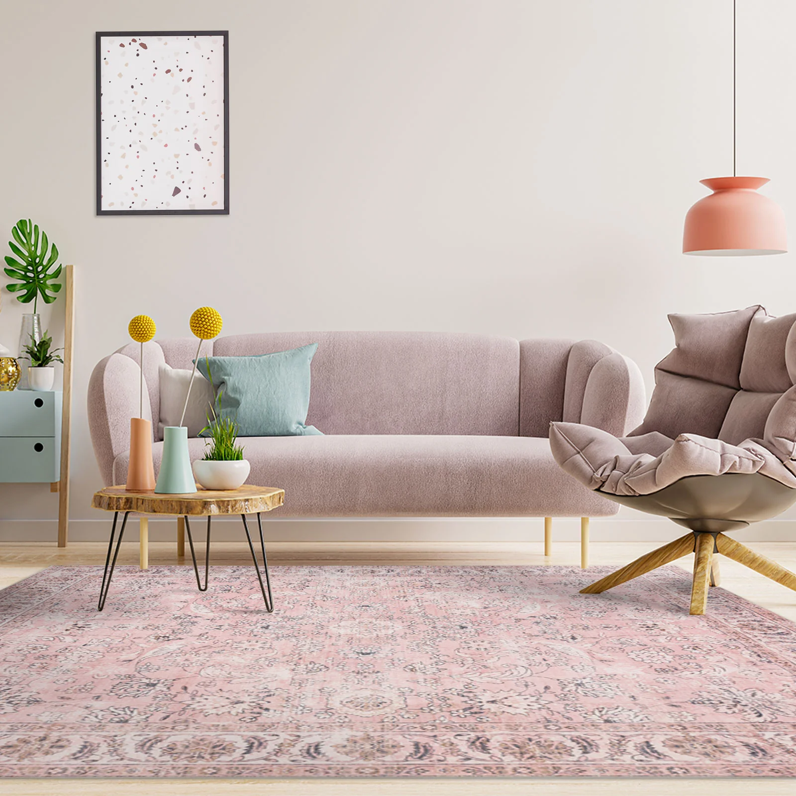 Large Rug Dusty Pink Beautiful Allover Distressed High Traffic Carpet Runner Machine Washable - Image 4