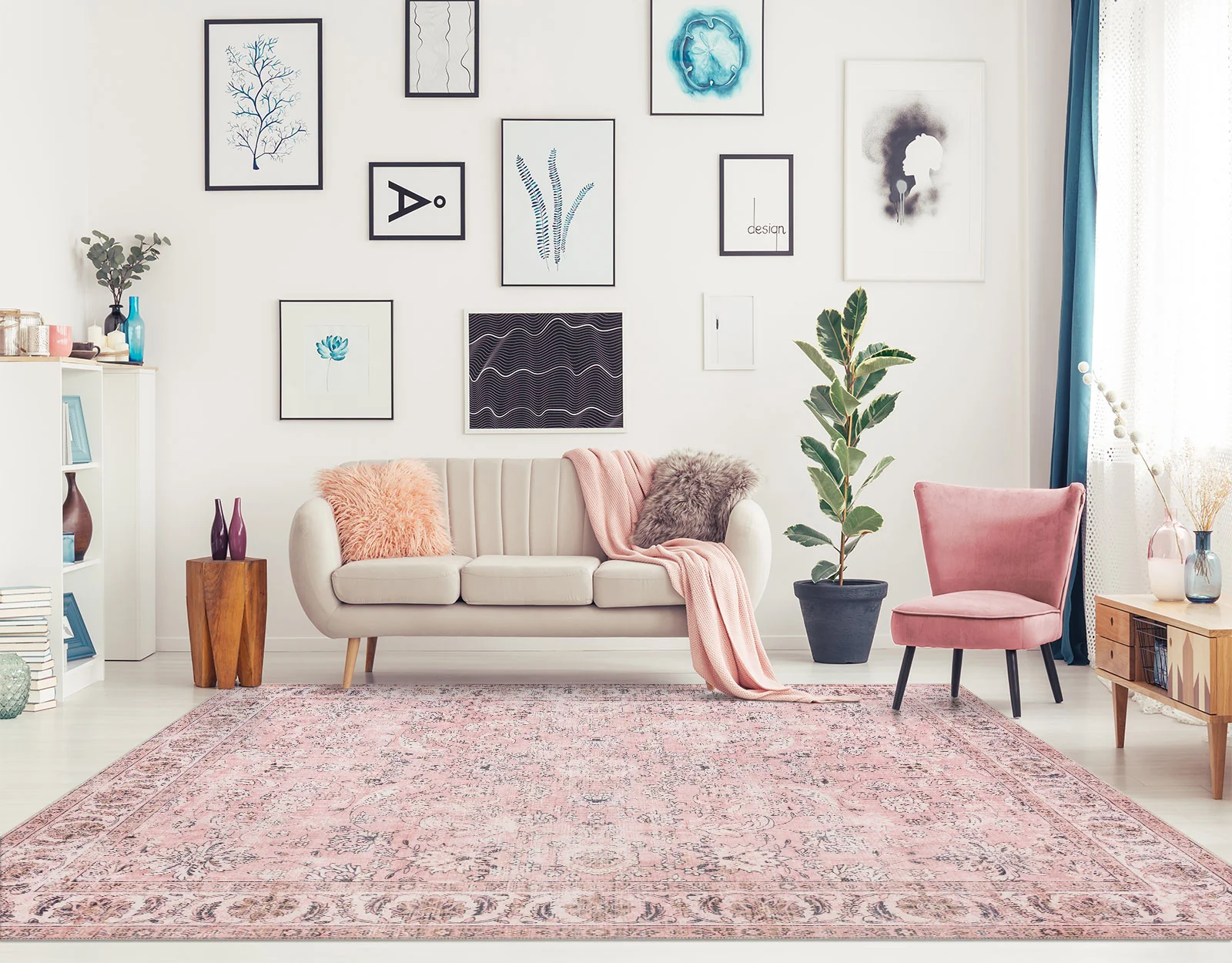 Large Rug Dusty Pink Beautiful Allover Distressed High Traffic Carpet Runner Machine Washable - Image 5