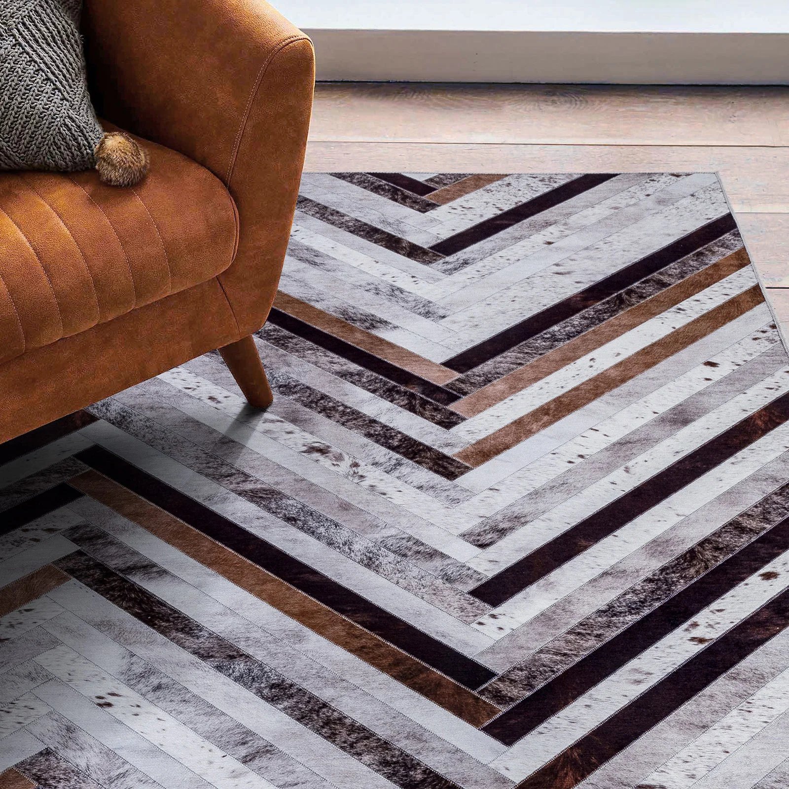 Large Rug Faux Cowhides Salt and Pepper Zigzag Print Patchwork Carpet Mat 4 Size Machine Washable COR05 - Image 4