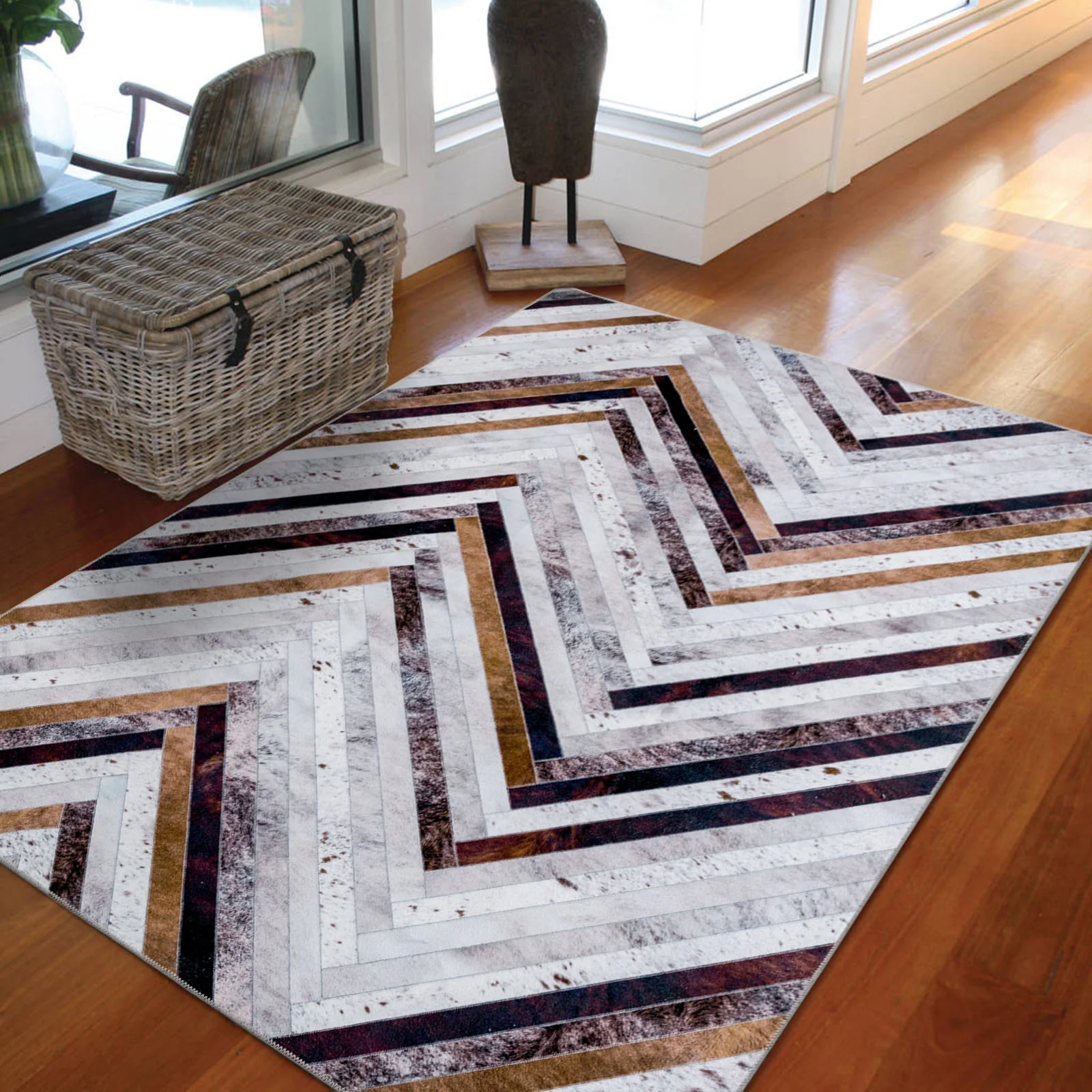 Large Rug Faux Cowhides Salt and Pepper Zigzag Print Patchwork Carpet Mat 4 Size Machine Washable COR05 - Image 6