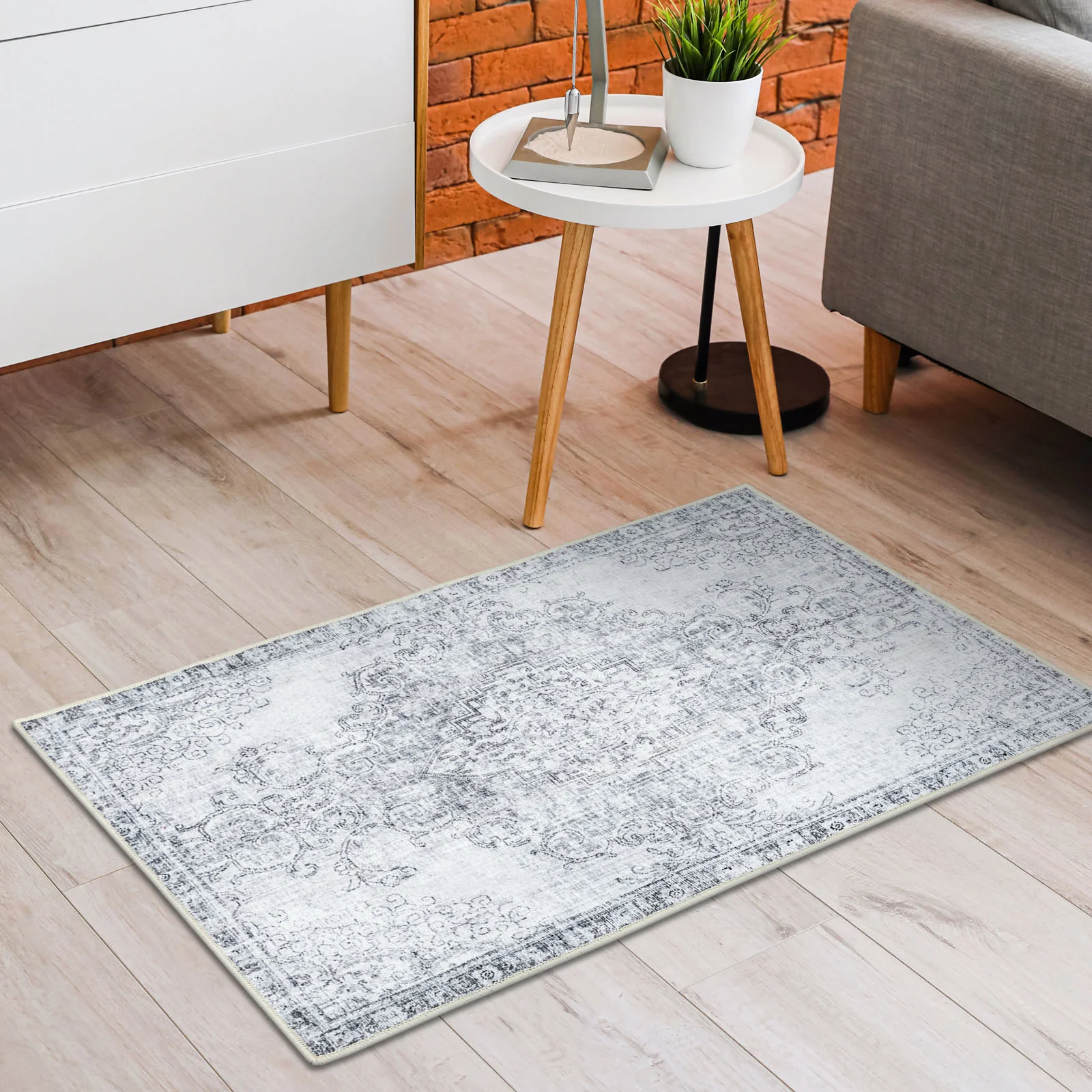 Large Rugs Light Grey Floral Distressed Medallion Carpet Machine Washable Mat Runner - Image 5