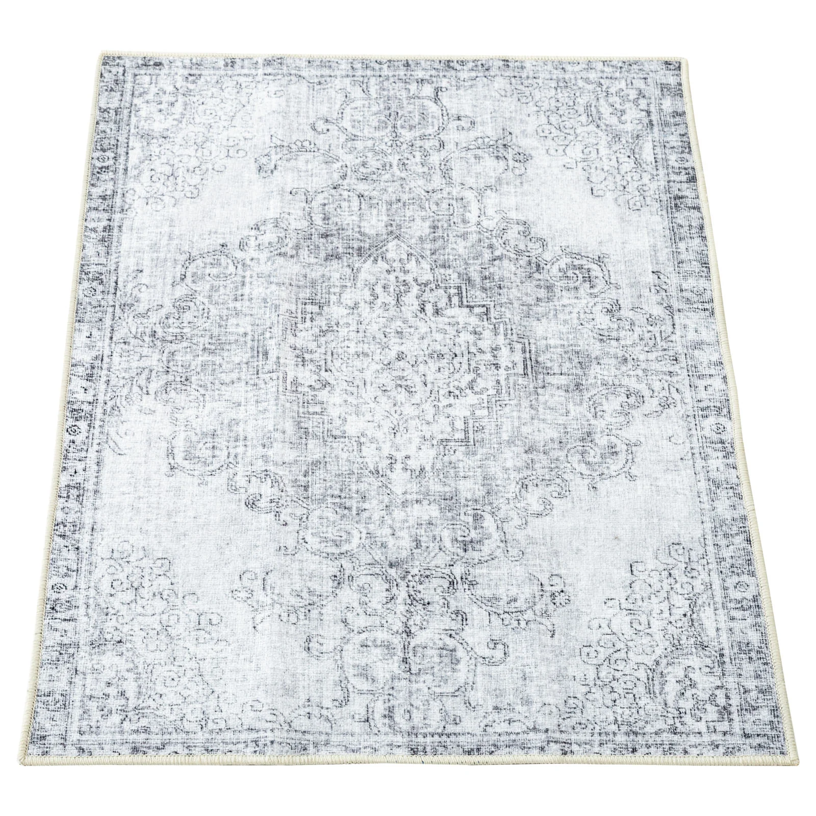 Large Rugs Light Grey Floral Distressed Medallion Carpet Machine Washable Mat Runner - Image 7