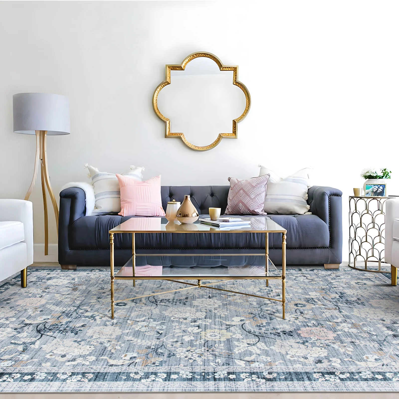 Clearance Extra Large Floor Rug Sky Blue Floral Leaves Lounges Carpet Machine Washable Tropical Mat Non Slip Soft Plush Rugs