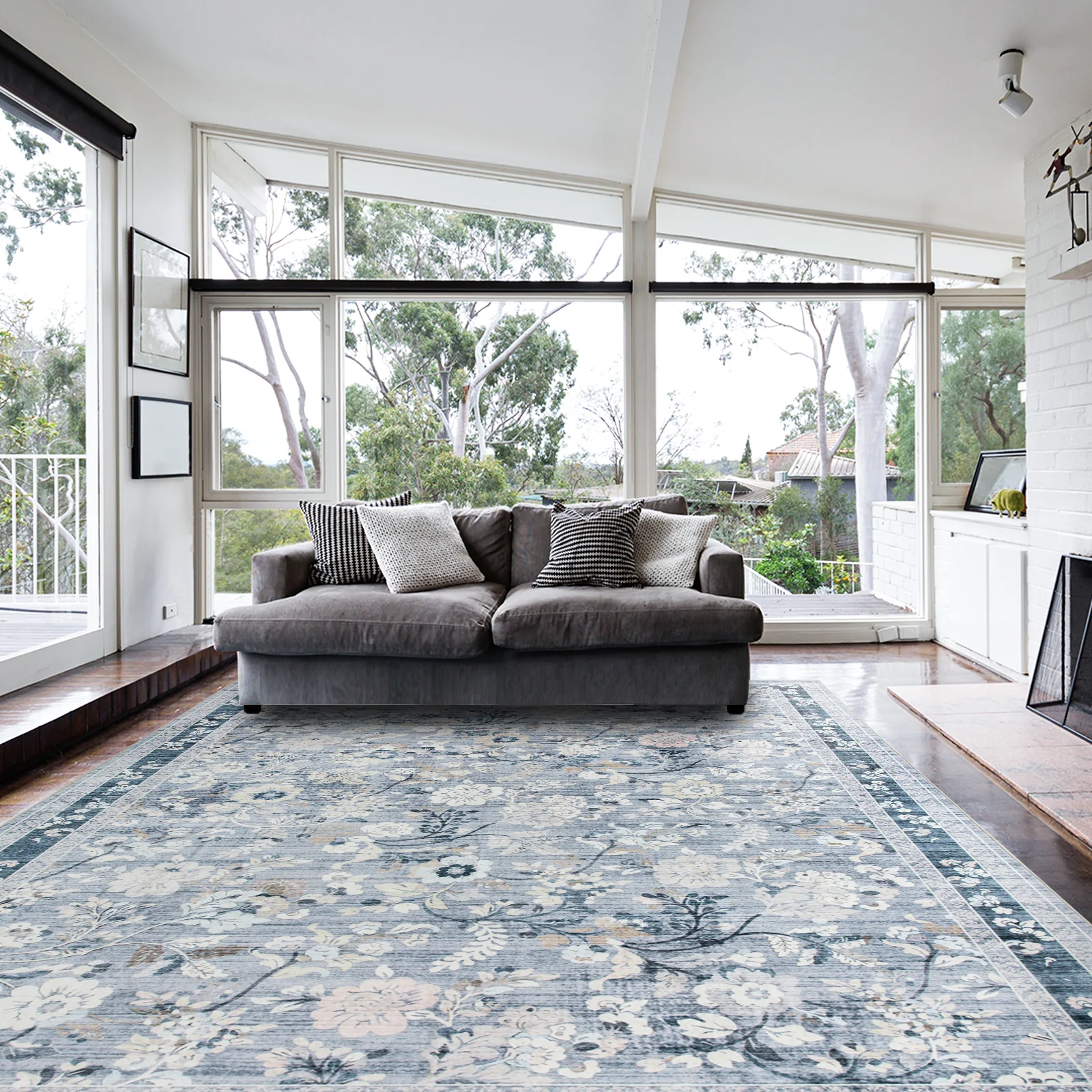Clearance Extra Large Floor Rug Sky Blue Floral Leaves Lounges Carpet Machine Washable Tropical Mat Non Slip Soft Plush Rugs - Image 2
