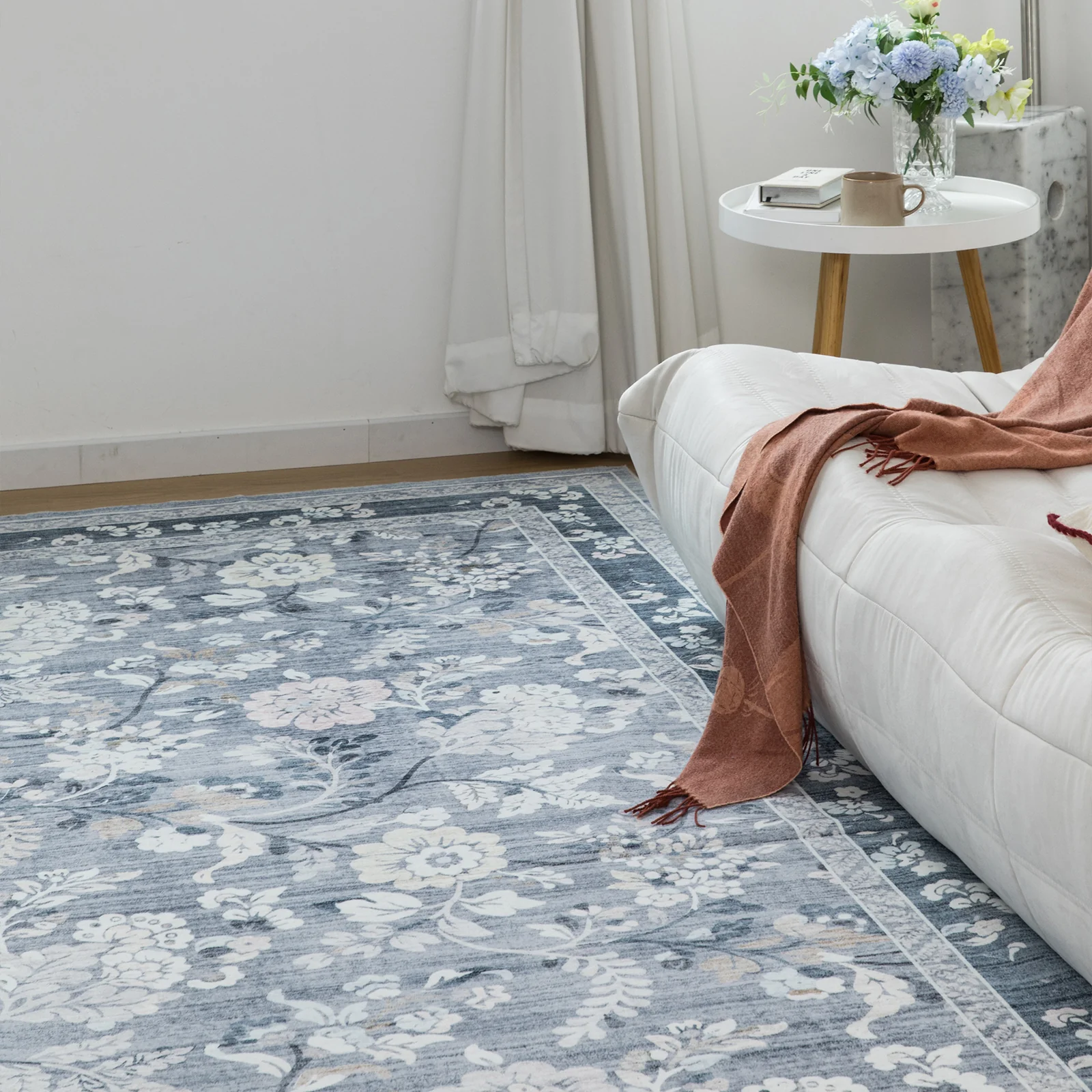 Clearance Extra Large Floor Rug Sky Blue Floral Leaves Lounges Carpet Machine Washable Tropical Mat Non Slip Soft Plush Rugs - Image 5
