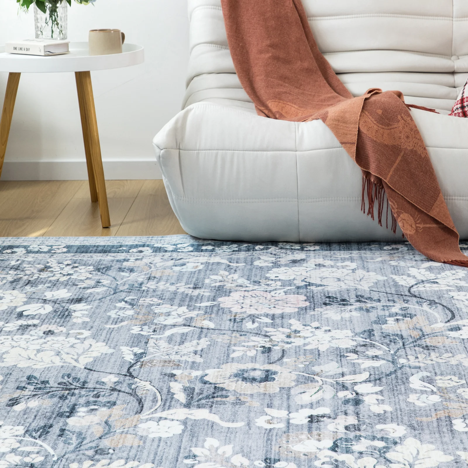 Clearance Extra Large Floor Rug Sky Blue Floral Leaves Lounges Carpet Machine Washable Tropical Mat Non Slip Soft Plush Rugs - Image 6