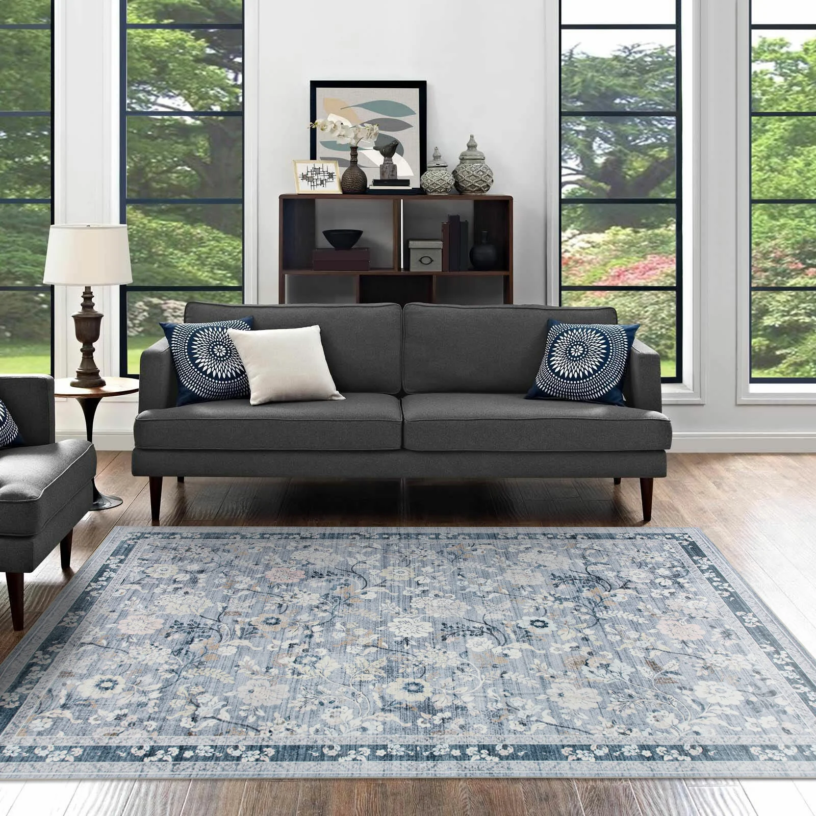Clearance Extra Large Floor Rug Sky Blue Floral Leaves Lounges Carpet Machine Washable Tropical Mat Non Slip Soft Plush Rugs - Image 7
