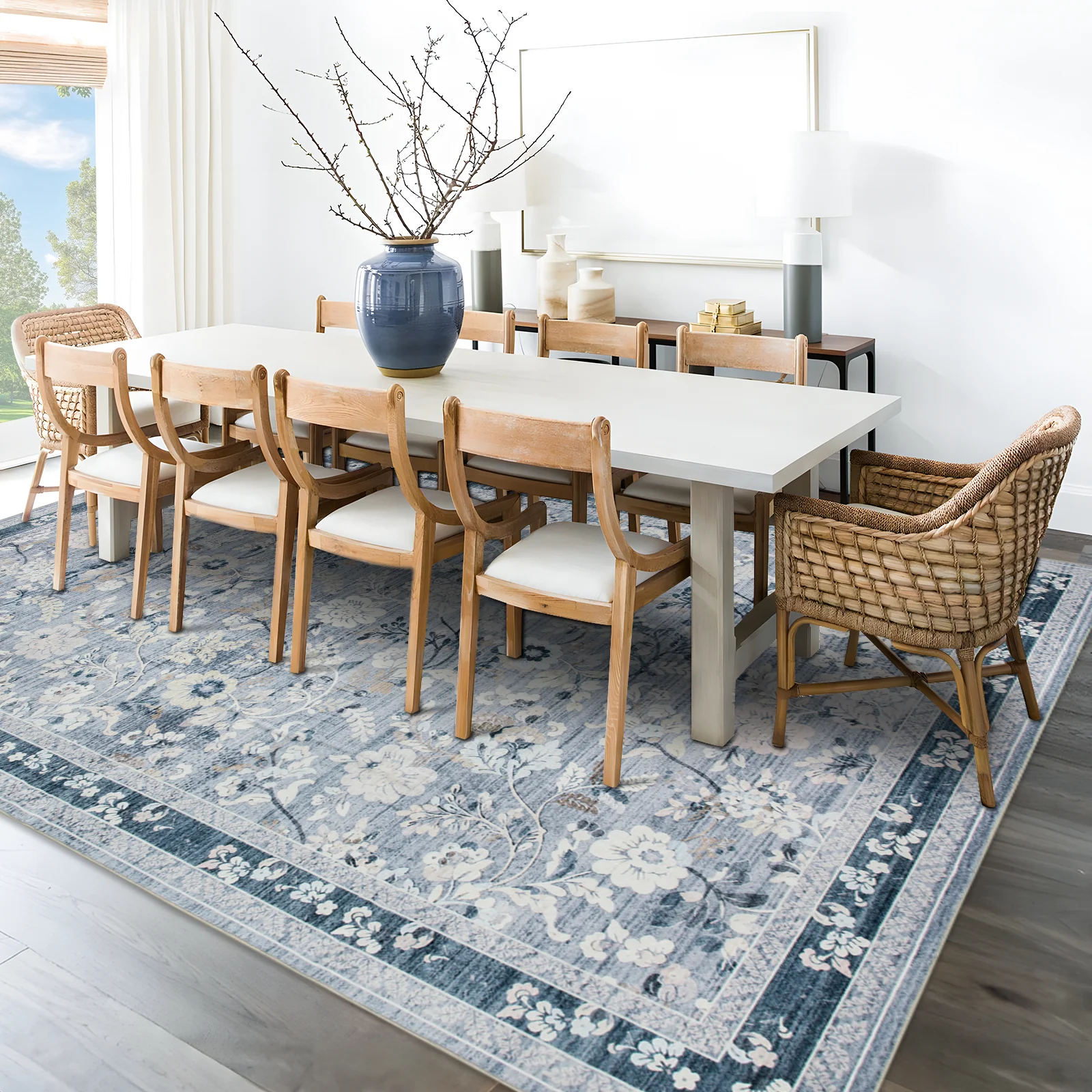 Clearance Extra Large Floor Rug Sky Blue Floral Leaves Lounges Carpet Machine Washable Tropical Mat Non Slip Soft Plush Rugs - Image 8