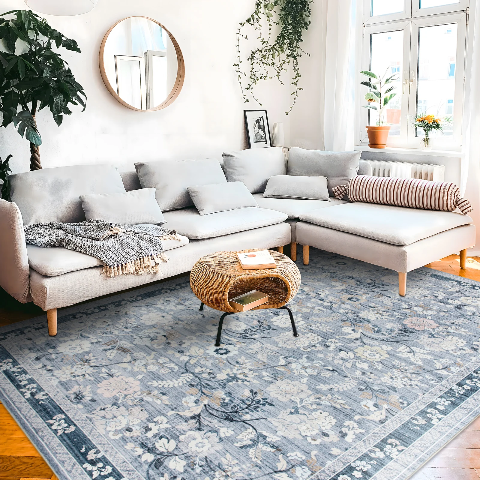 Clearance Extra Large Floor Rug Sky Blue Floral Leaves Lounges Carpet Machine Washable Tropical Mat Non Slip Soft Plush Rugs - Image 9