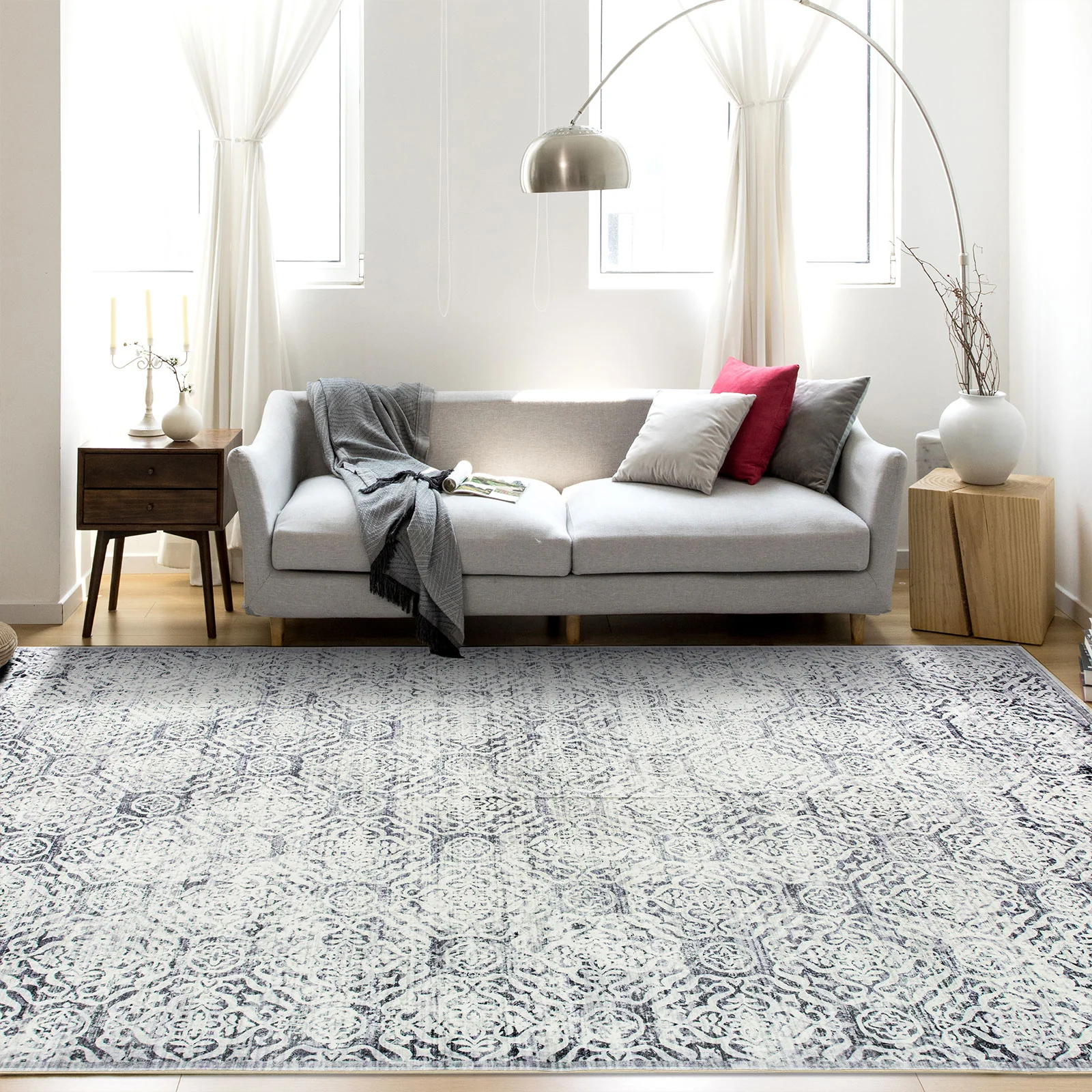 Extra Large Floor Rug Light Grey Plush Warm Geometric Diamond Carpet Machine Washable Runner - Image 7