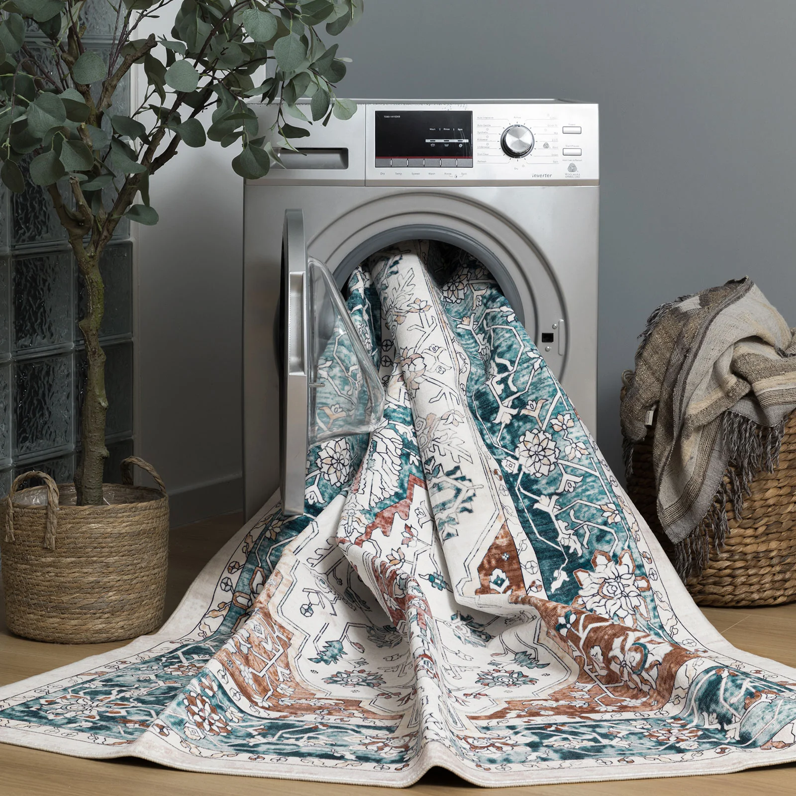 Clearance Extra Large Rug Teal Blue Rust Beautiful Retro Lounges Carpet Machine Washable Mat - Image 13