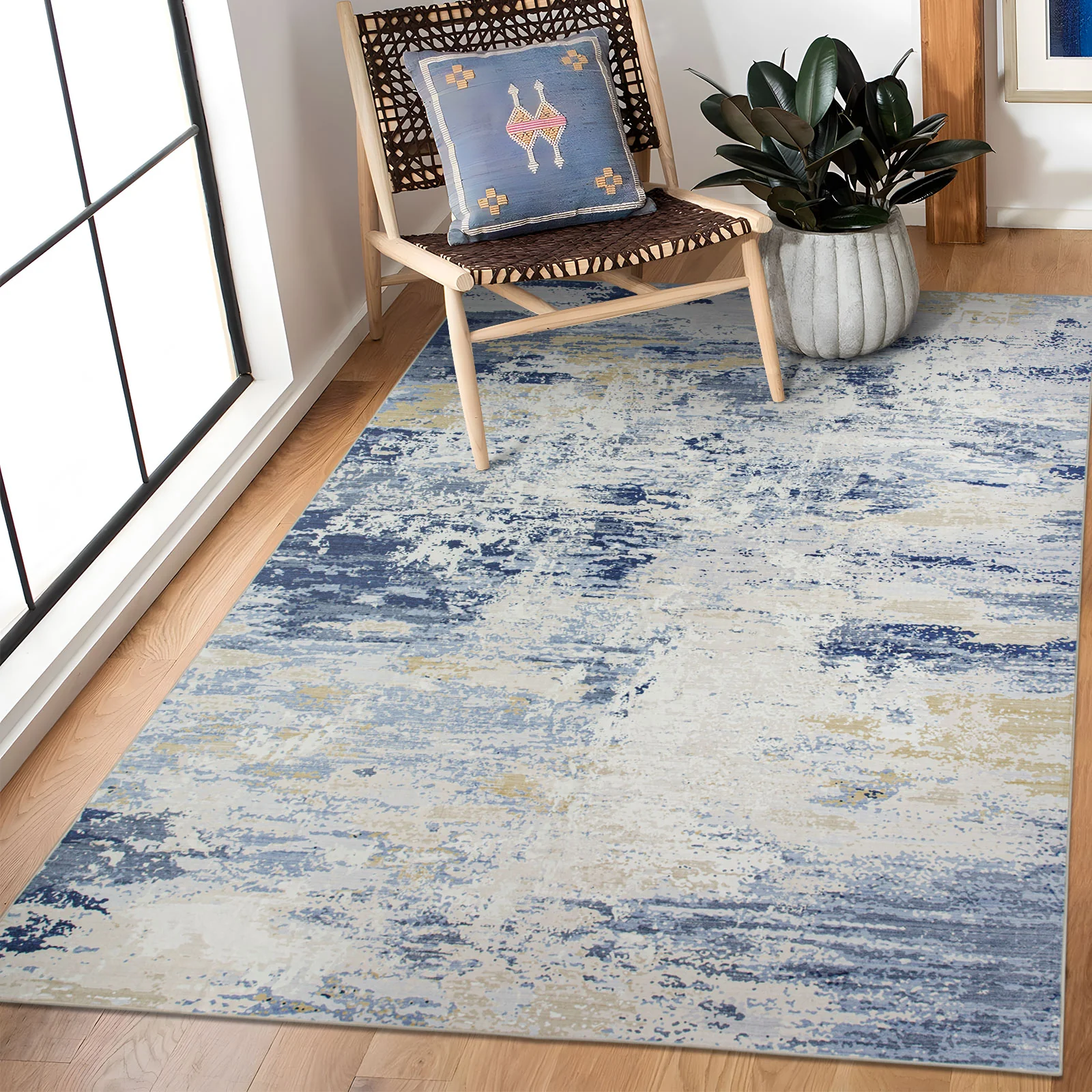 Extra Large Rug Blue Ivory Beige Plush Soft Abstract Carpet Hallway Runner Machine Washable Mat - Image 11