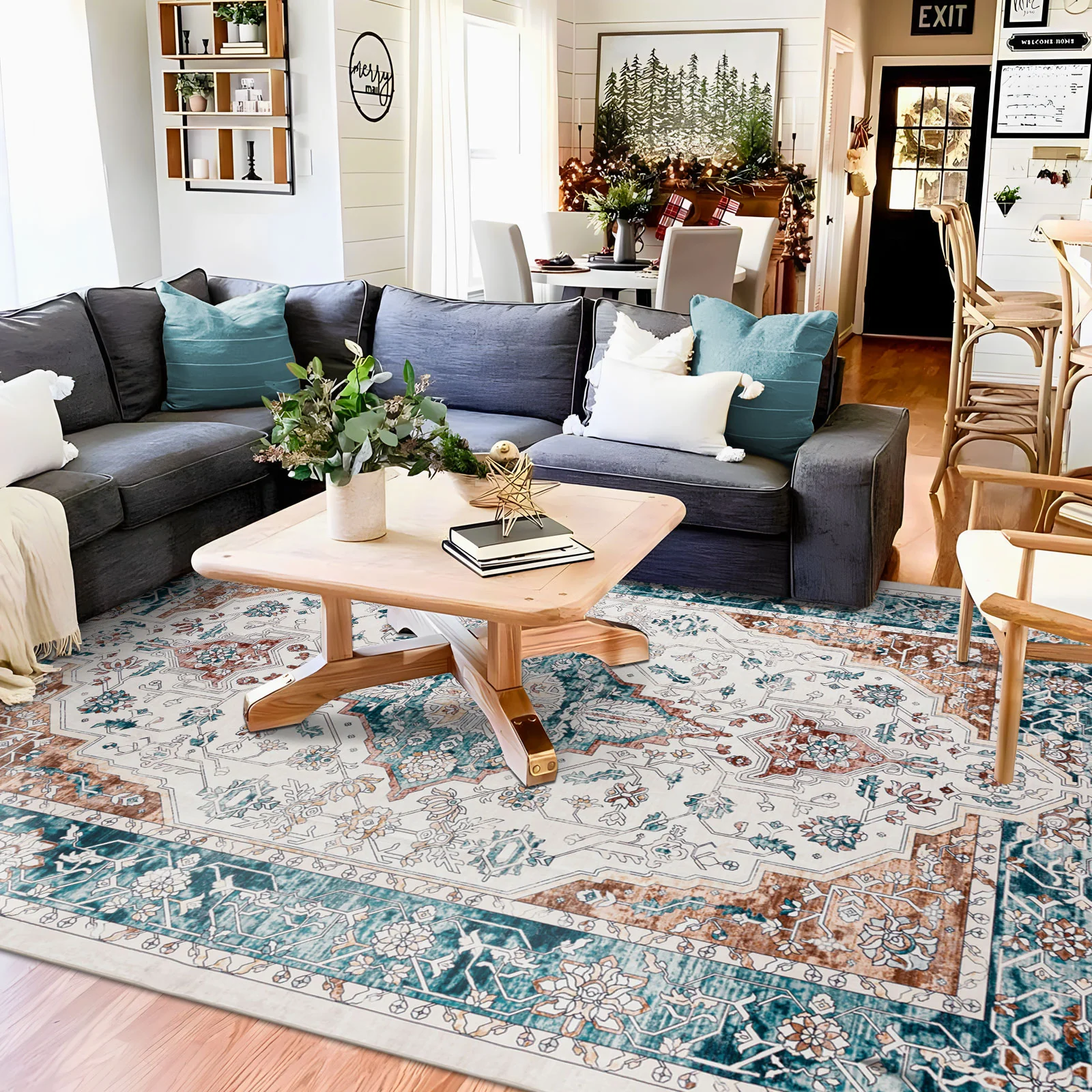 Clearance Extra Large Rug Teal Blue Rust Beautiful Retro Lounges Carpet Machine Washable Mat - Image 5