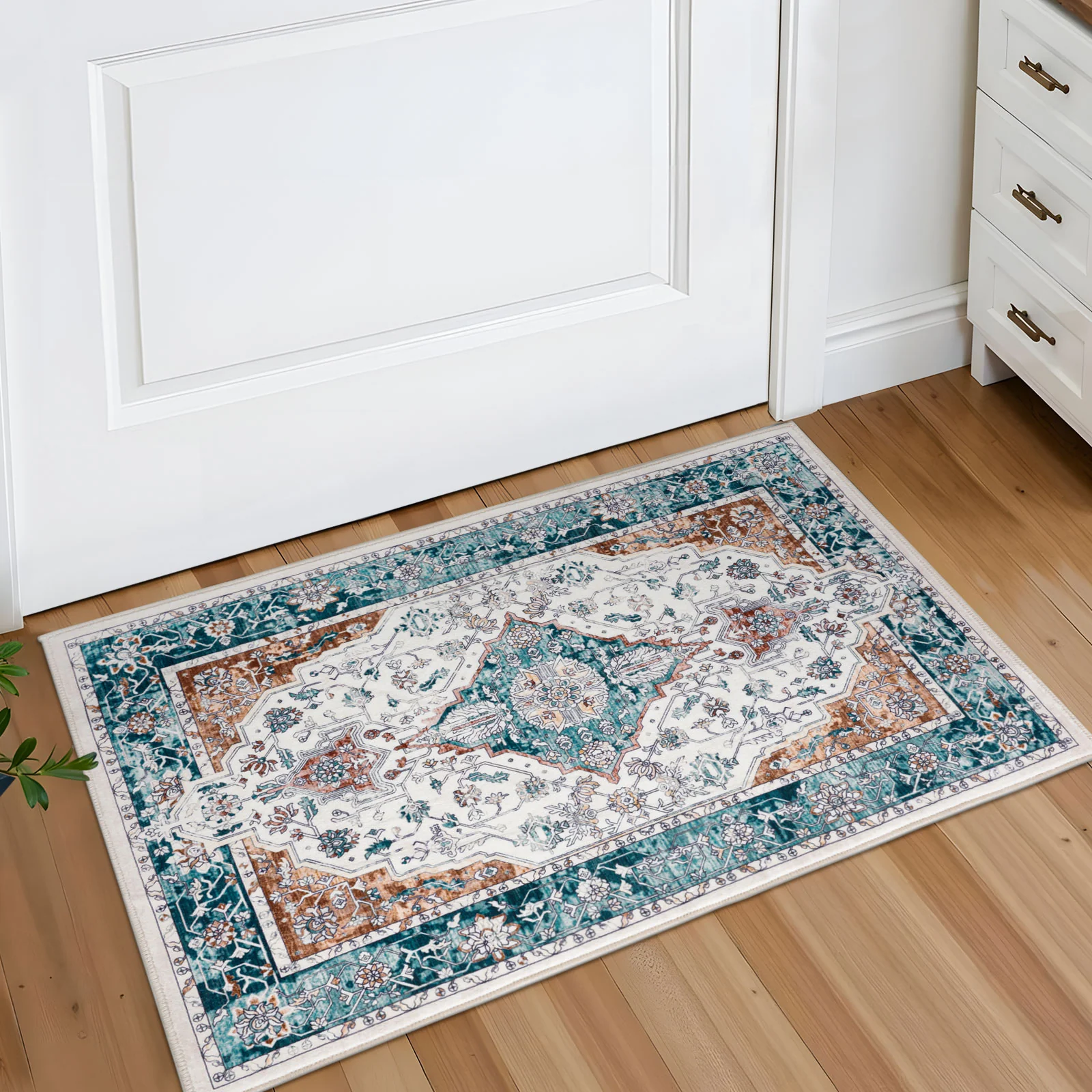 Clearance Extra Large Rug Teal Blue Rust Beautiful Retro Lounges Carpet Machine Washable Mat - Image 7